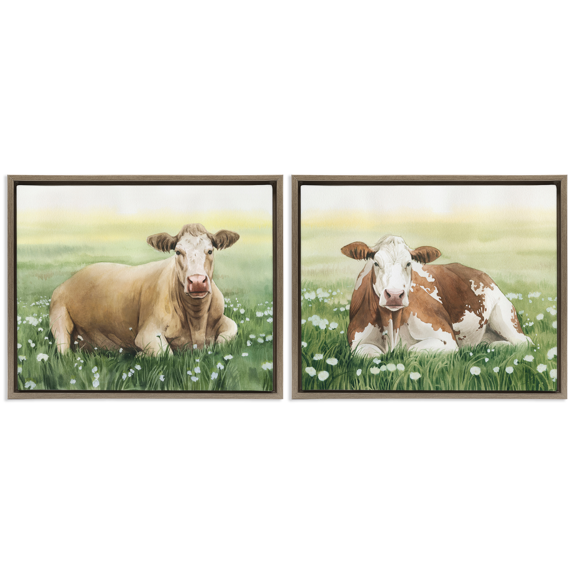 Stupell Industries Cows Resting in Flower Field Animals Painting Brown Floater Framed Canvas Art Print Wall Art, 31 x 25, Set of 2