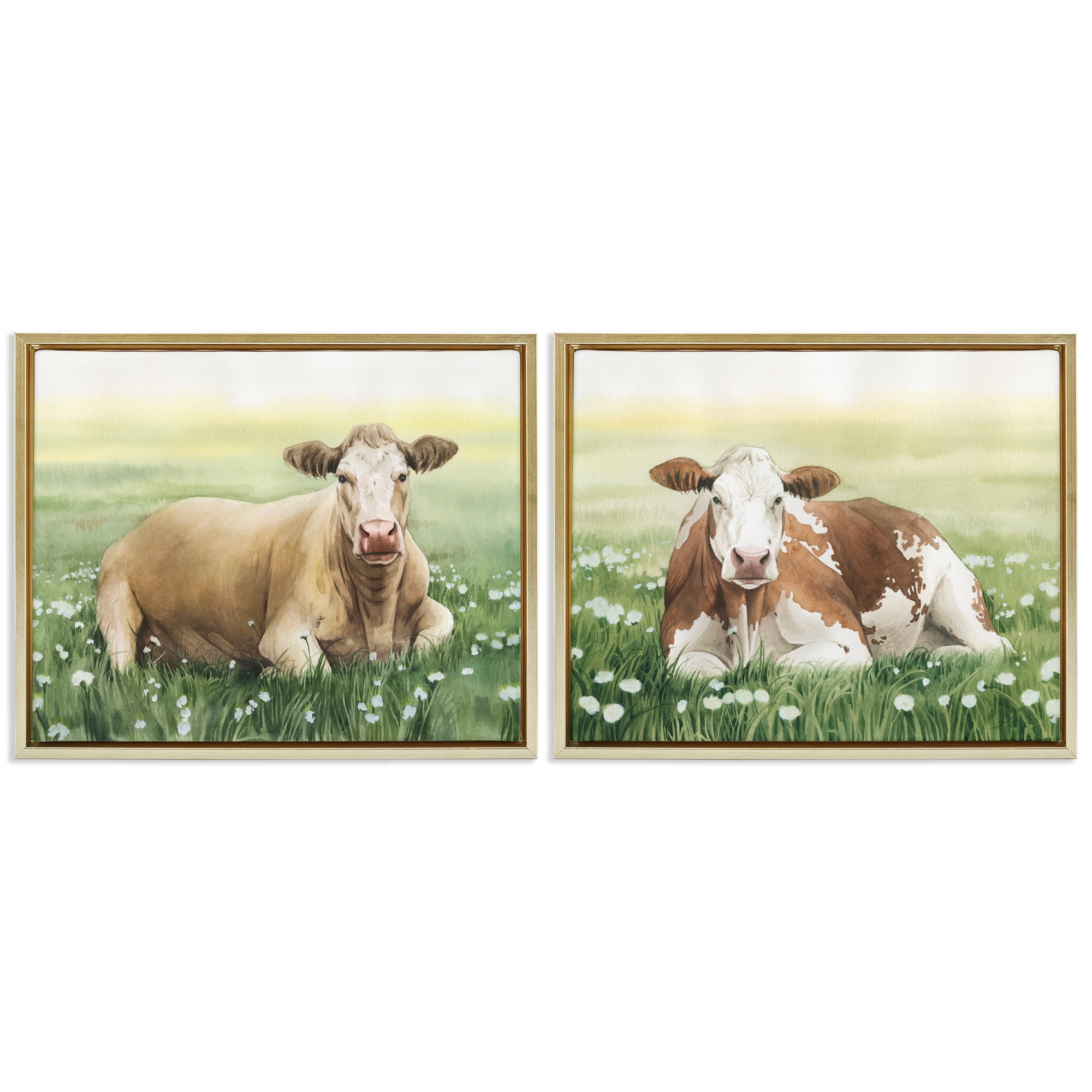 Stupell Industries Cows Resting in Flower Field Animals Painting Gold Floater Framed Canvas Art Print Wall Art, 31 x 25, Set of 2