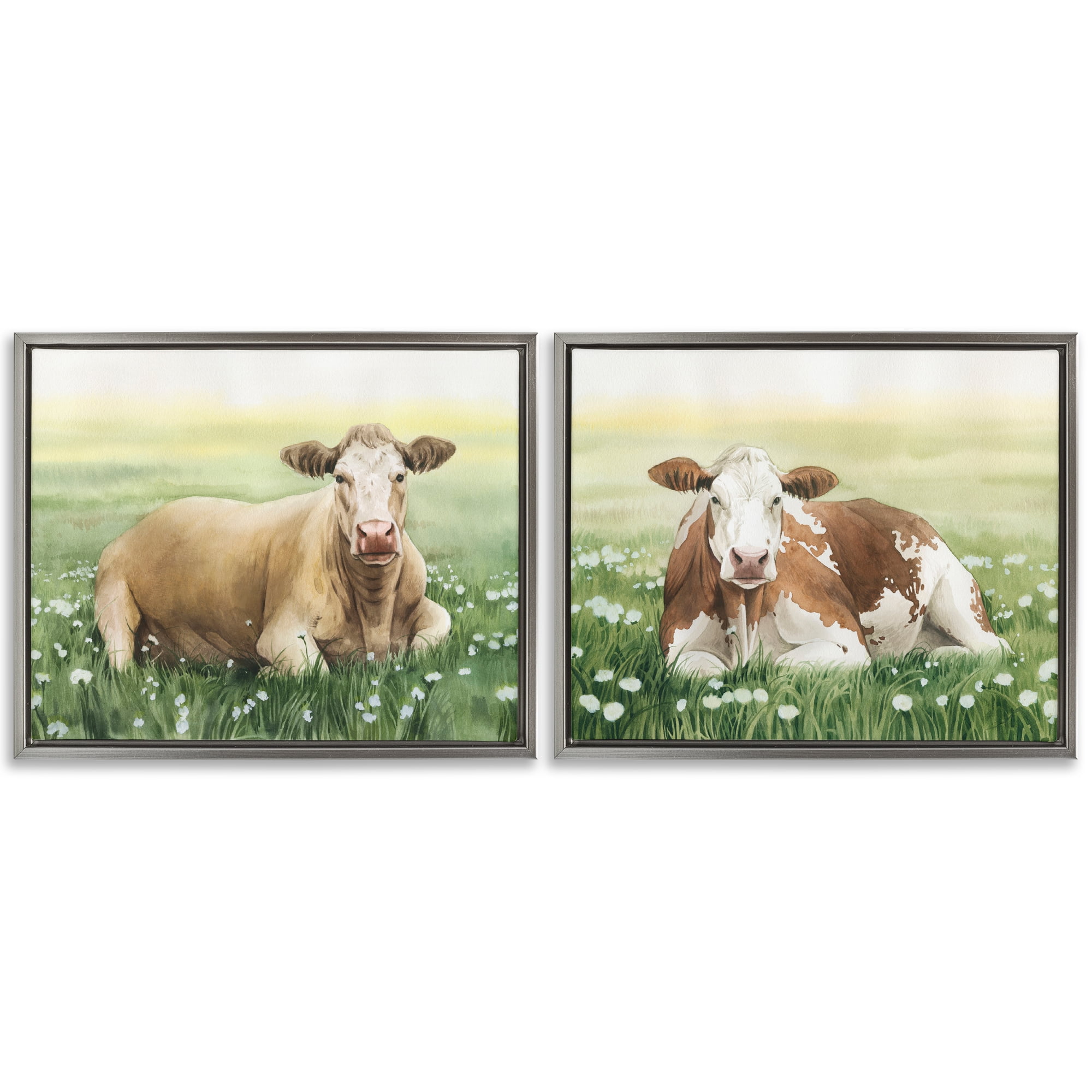 Stupell Industries Cows Resting in Flower Field Animals Painting Gray Floater Framed Canvas Art Print Wall Art, 31 x 25, Set of 2