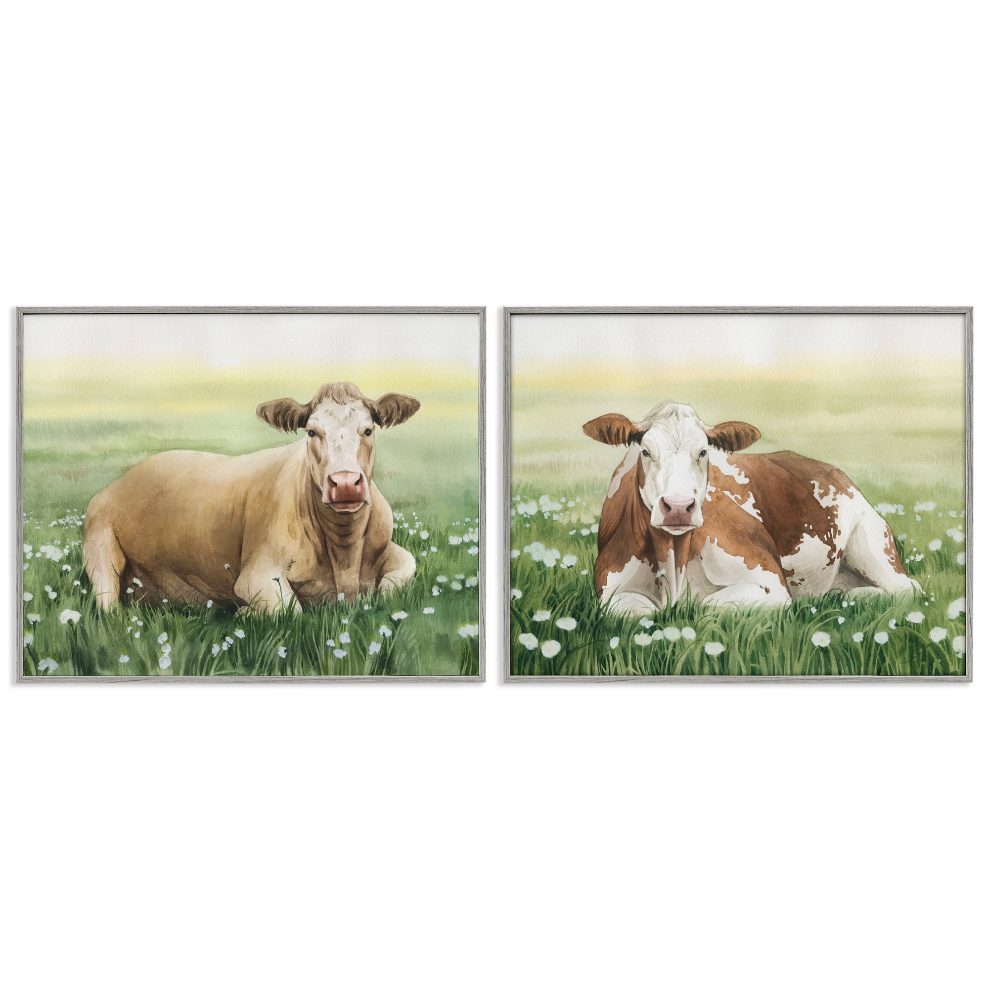 Stupell Industries Cows Resting in Flower Field Animals Painting Gray Framed Art Print Wall Art, 14 x 11, Set of 2