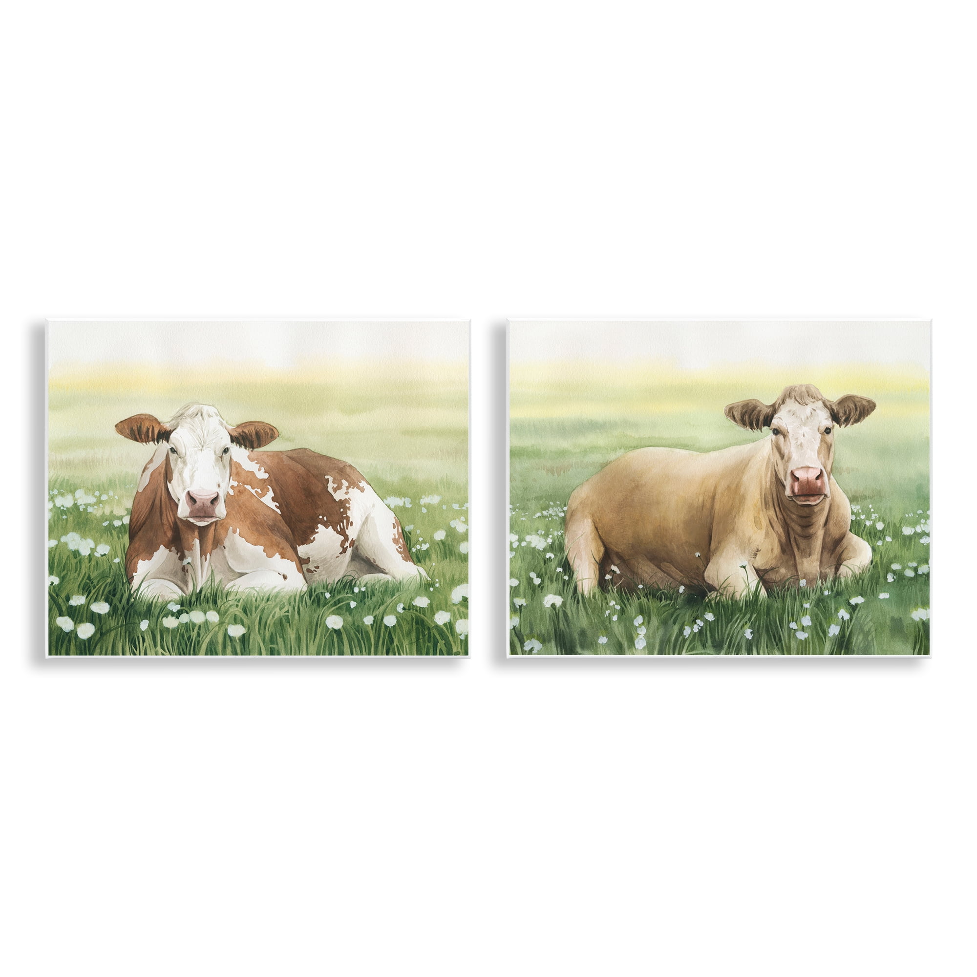 Stupell Industries Cows Resting in Flower Field Animals Painting Unframed Art Print Wall Art, 14 x 11, Set of 2