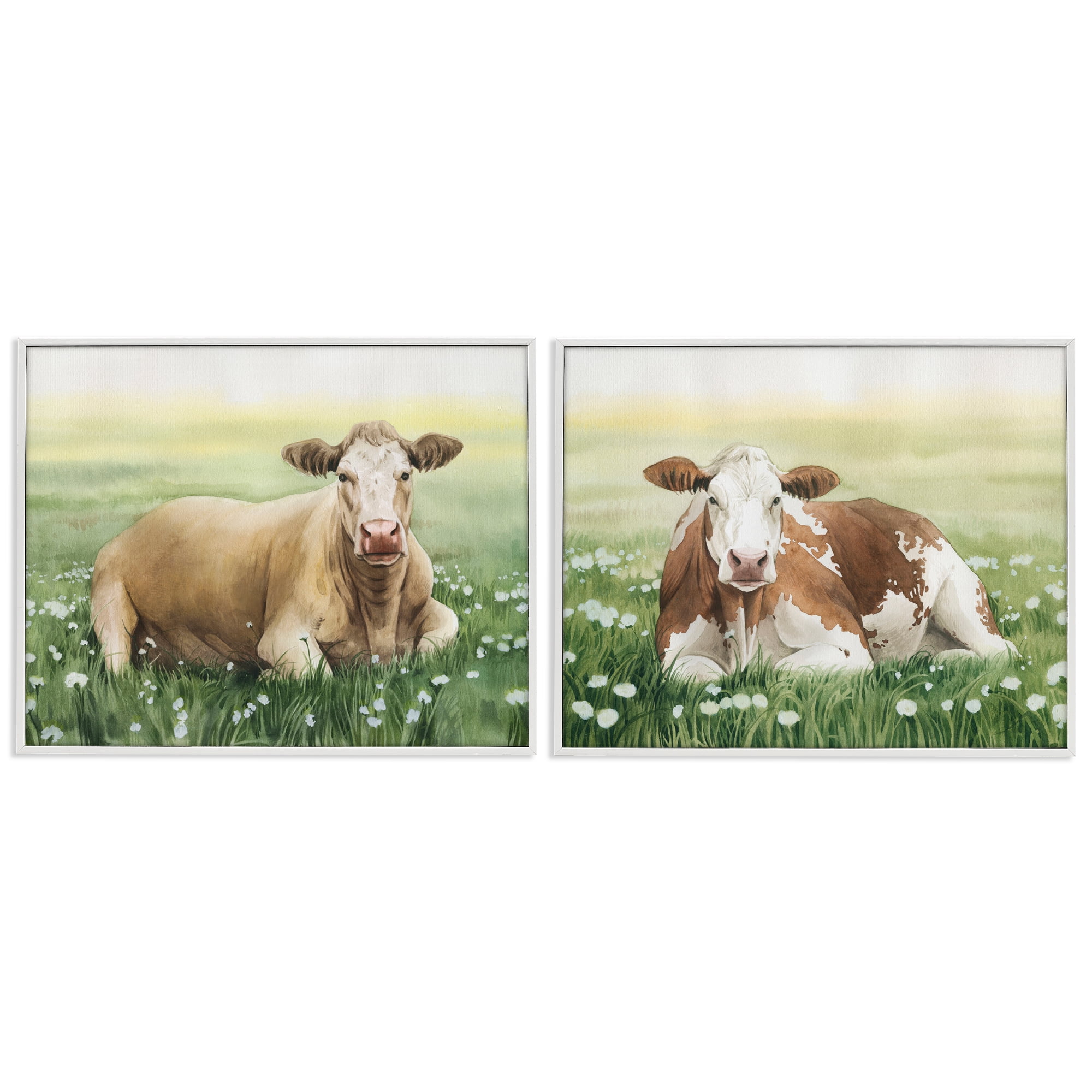 Stupell Industries Cows Resting in Flower Field Animals Painting White Framed Art Print Wall Art, 14 x 11, Set of 2