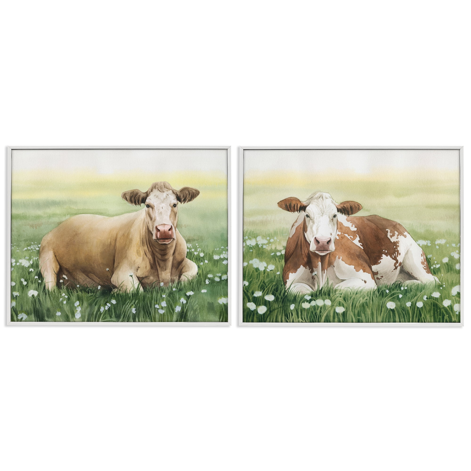 Stupell Industries Cows Resting in Flower Field Animals Painting White Framed Art Print Wall Art, 30 x 24, Set of 2