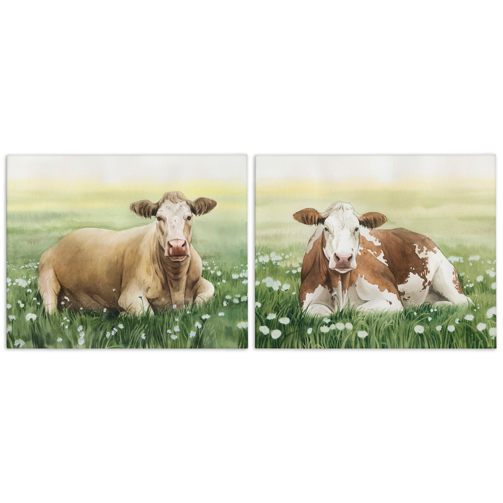 Stupell Industries Cows Resting in Flower Field Animals Painting Wrapped Canvas Art Print Wall Art, 30 x 24, Set of 2