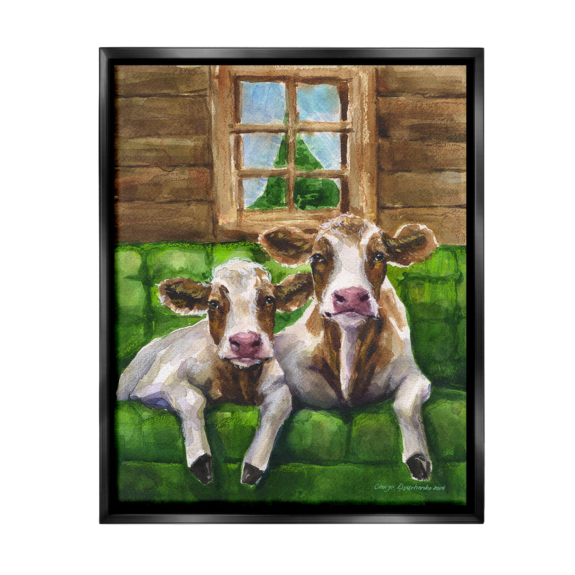 Stupell Industries Cows in Barn Cabin Animals & Insects Painting Black Floater Framed Canvas Art Print Wall Art, 17 x 21