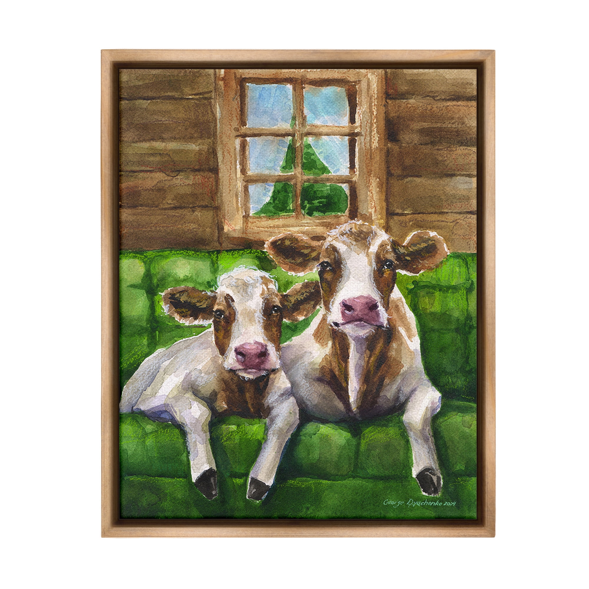 Stupell Industries Cows in Barn Cabin Animals & Insects Painting Brown Floater Framed Canvas Art Print Wall Art, 25 x 31