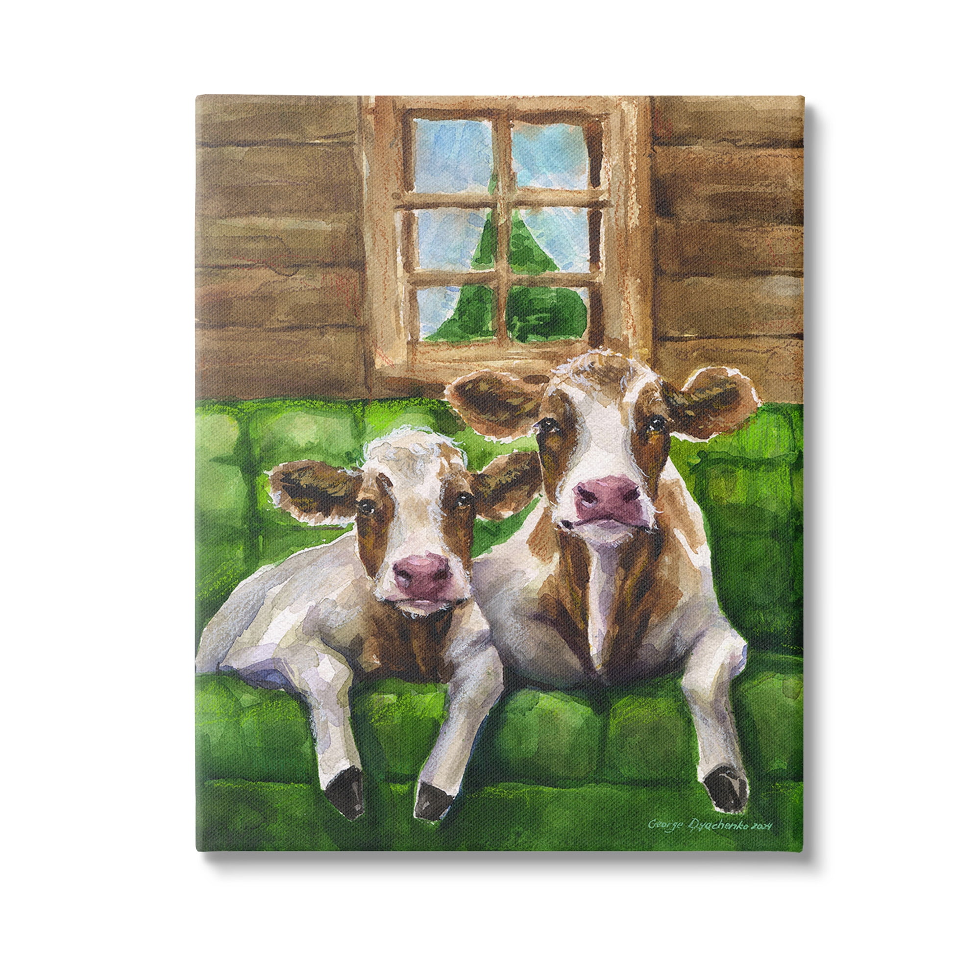 Stupell Industries Cows in Barn Cabin Animals & Insects Painting Gallery Wrapped Canvas Art Print Wall Art, 36 x 48