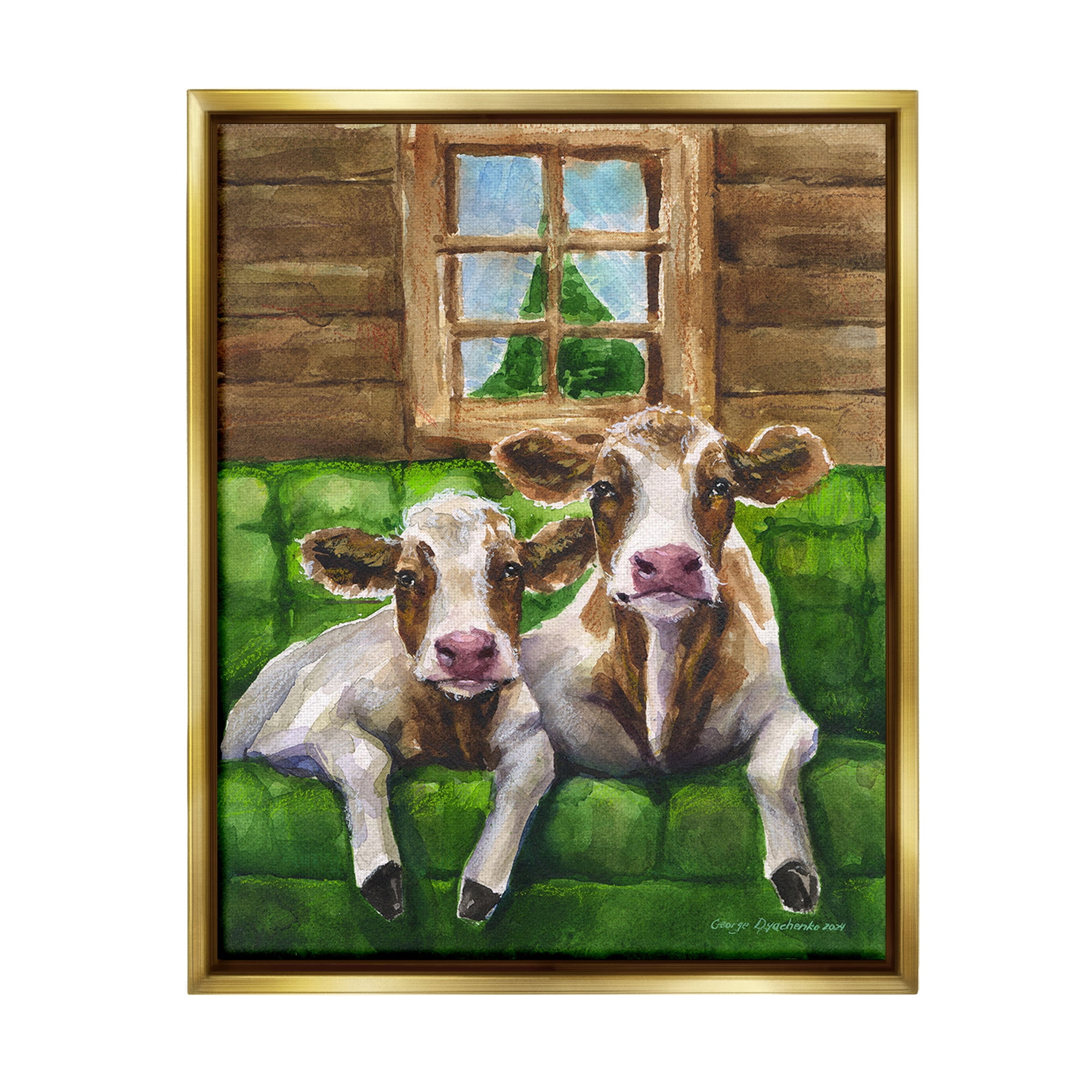 Stupell Industries Cows in Barn Cabin Animals & Insects Painting Gold Floater Framed Canvas Art Print Wall Art, 17 x 21