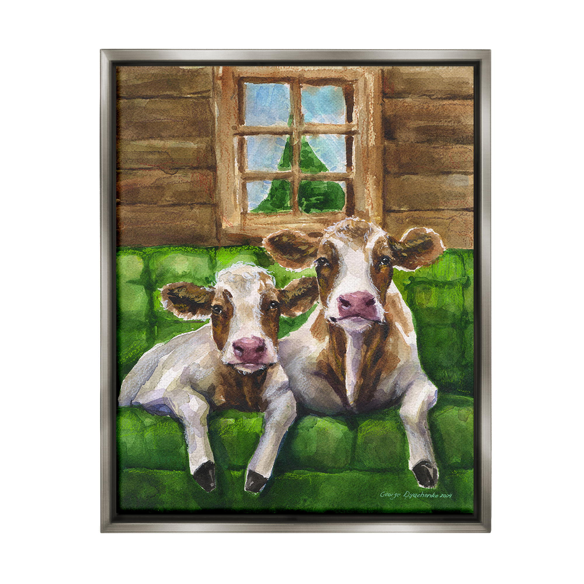 Stupell Industries Cows in Barn Cabin Animals & Insects Painting Gray Floater Framed Canvas Art Print Wall Art, 17 x 21