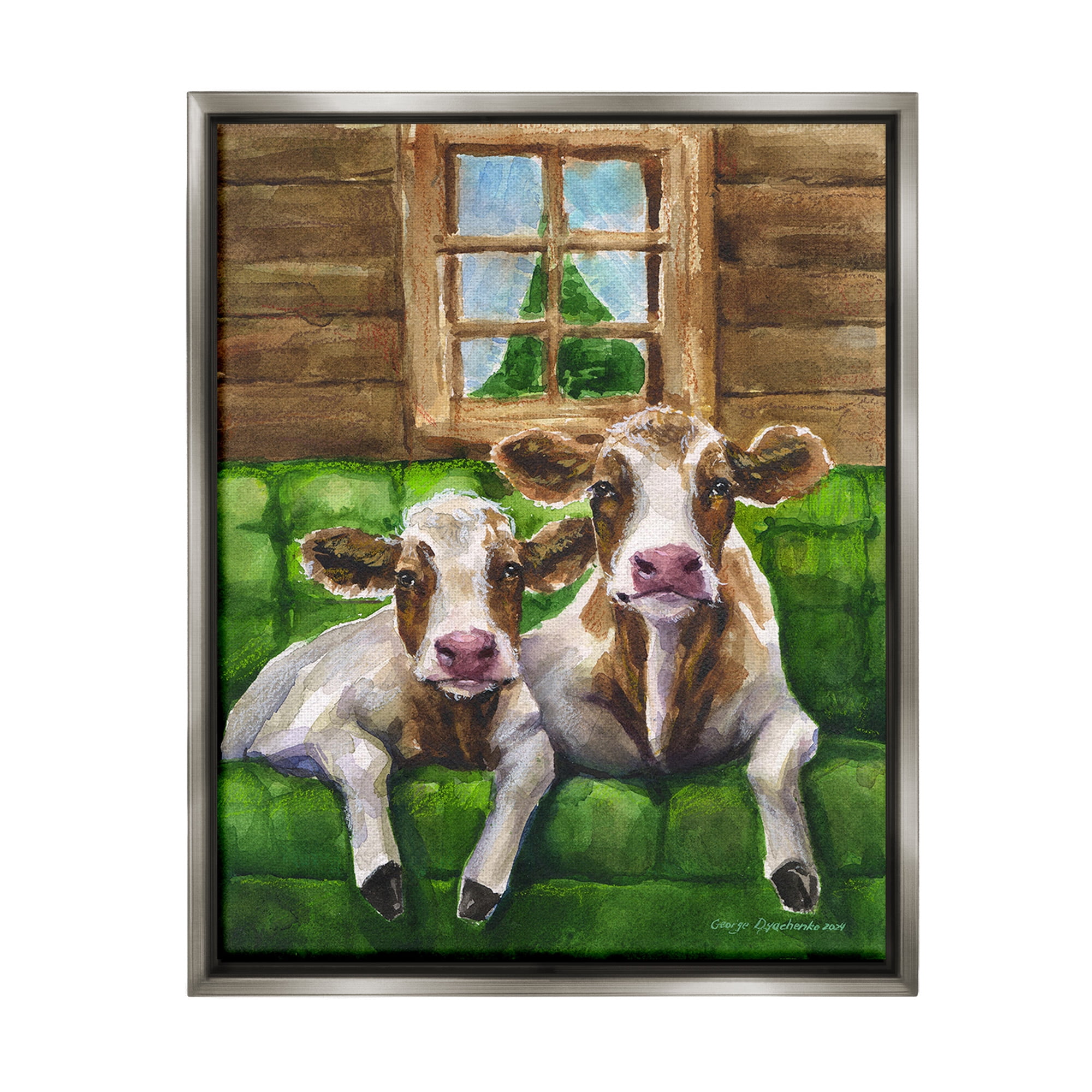 Stupell Industries Cows in Barn Cabin Animals & Insects Painting Gray Floater Framed Canvas Art Print Wall Art, 25 x 31