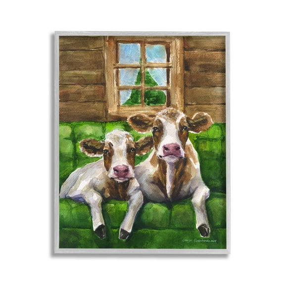 Stupell Industries Cows in Barn Cabin Animals & Insects Painting Gray Framed Art Print Wall Art, 11 x 14