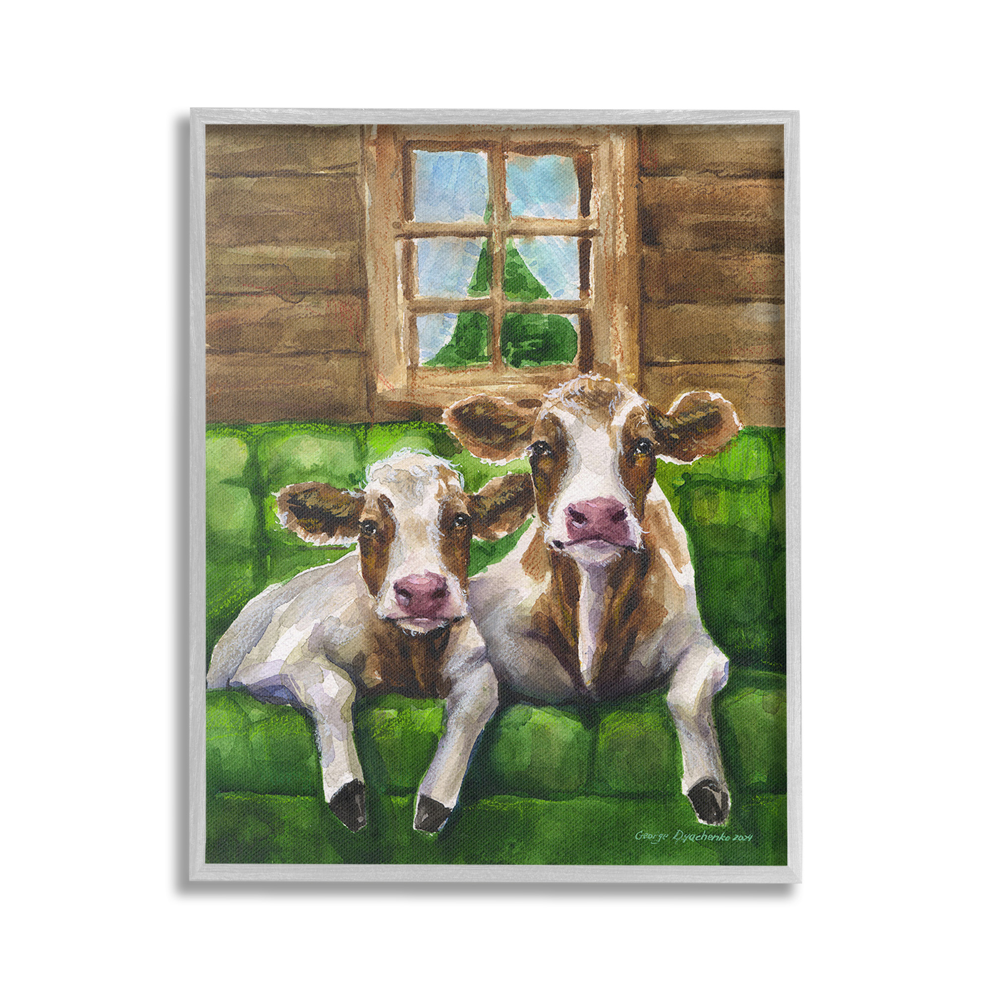 Stupell Industries Cows in Barn Cabin Animals & Insects Painting Gray Framed Art Print Wall Art, 24 x 30