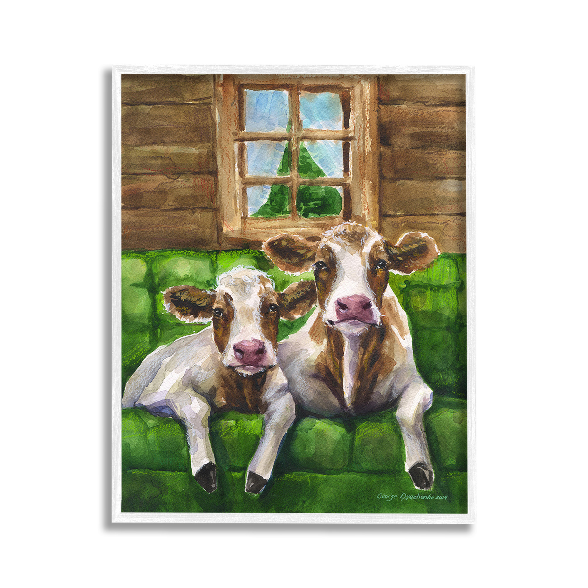 Stupell Industries Cows in Barn Cabin Animals & Insects Painting White Framed Art Print Wall Art, 11 x 14
