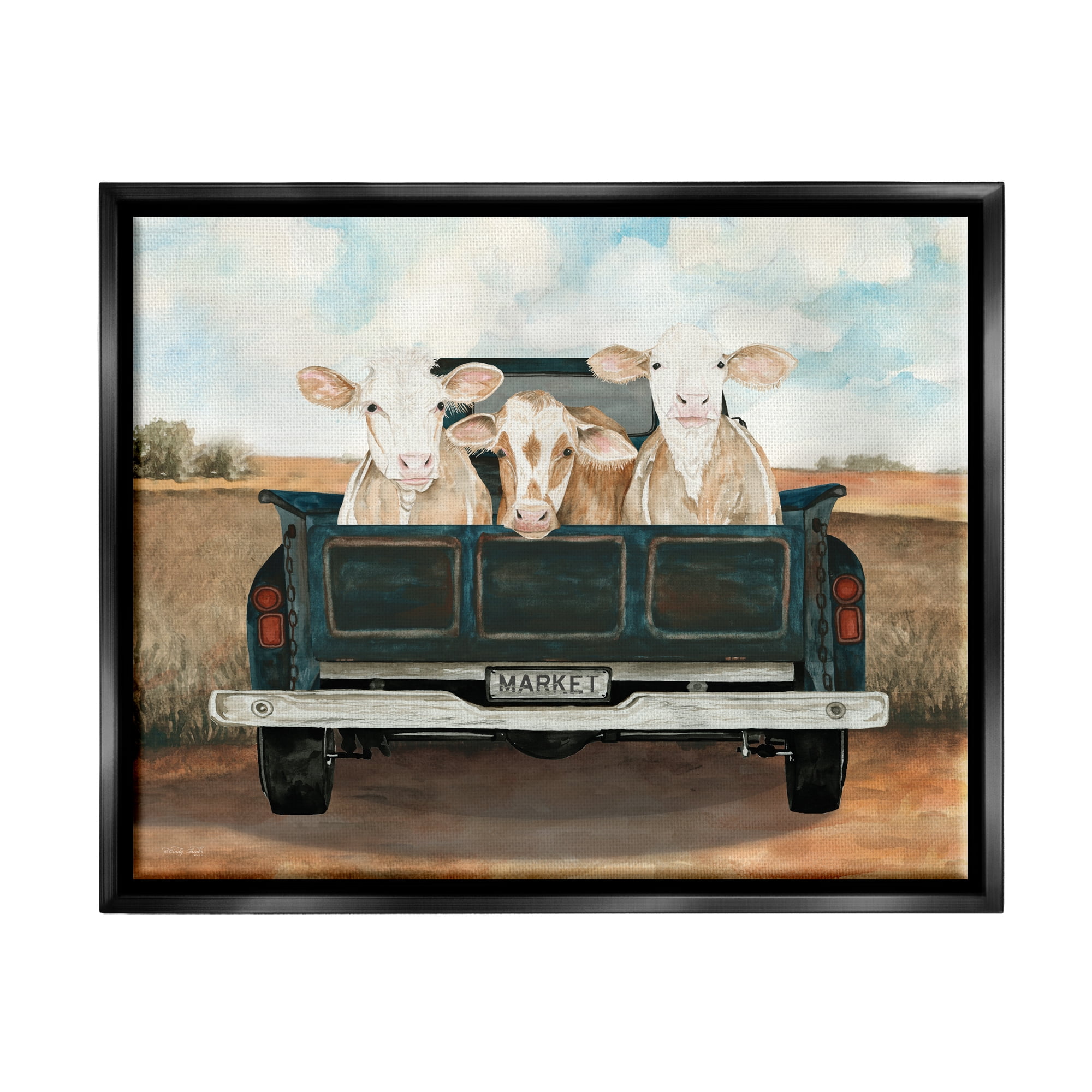 Stupell Industries Cows in Country Truck Animals & Insects Painting Black Floater Framed Art Print Wall Art, 21 x 17
