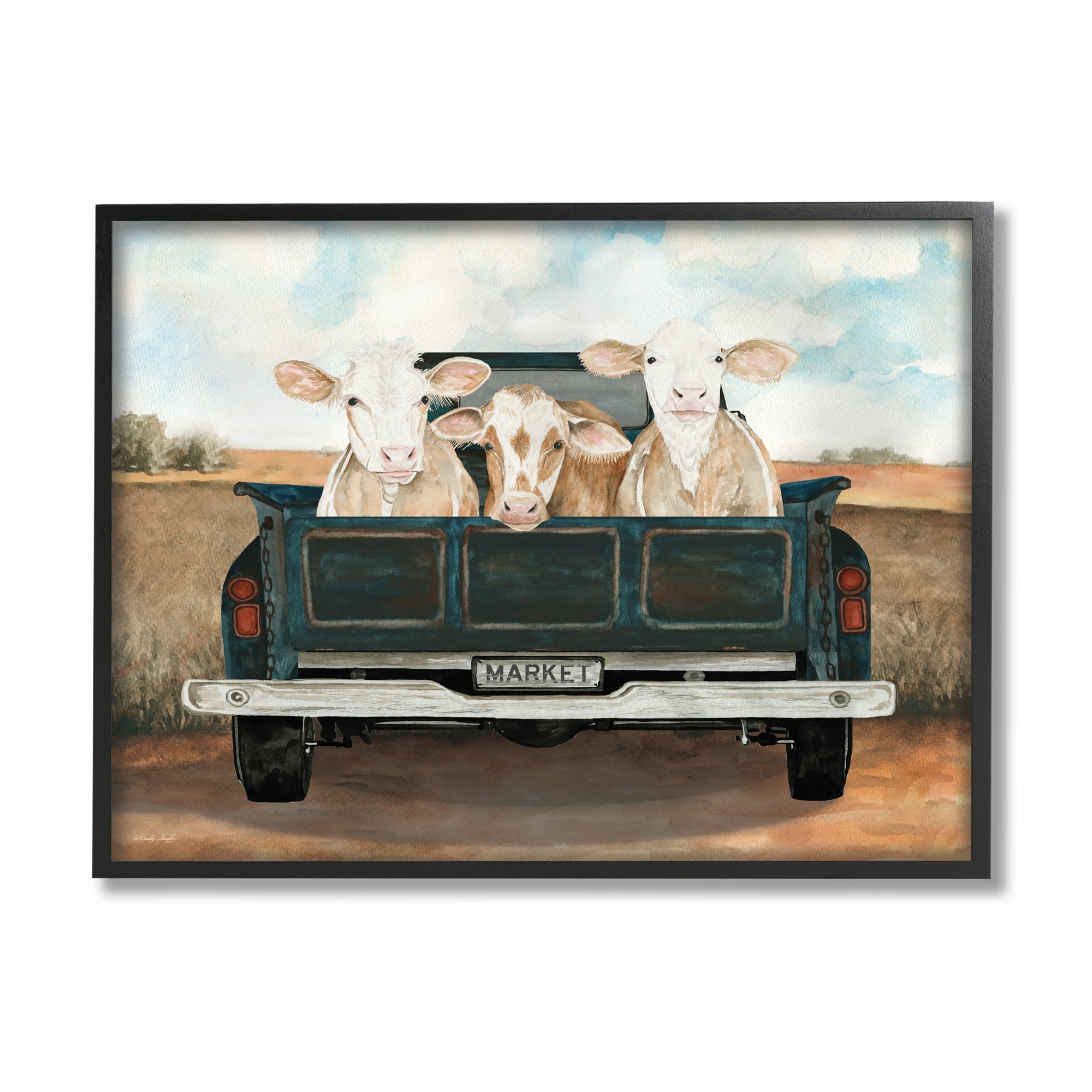 Stupell Industries Cows in Country Truck Animals & Insects Painting Black Framed Art Print Wall Art, 20 x 16