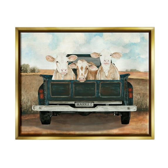 Stupell Industries Cows in Country Truck Animals & Insects Painting Gold Floater Framed Art Print Wall Art, 31 x 25