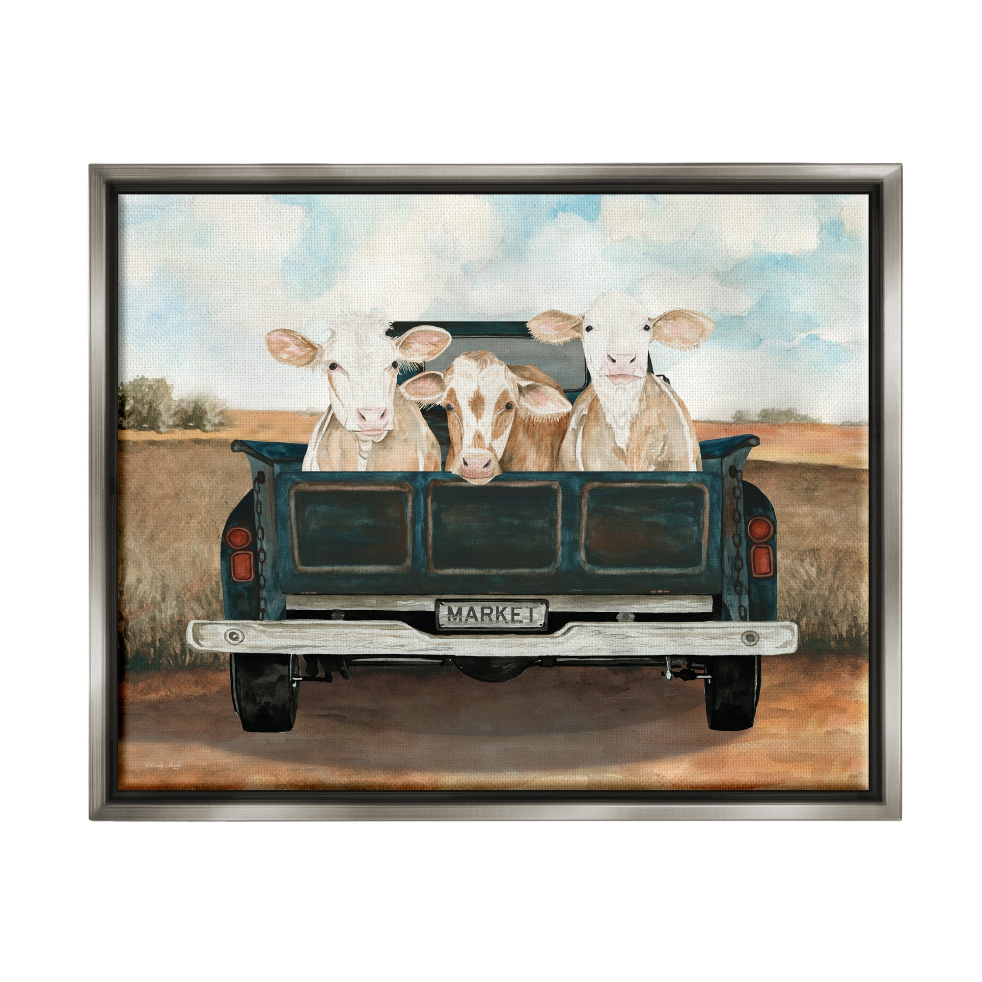 Stupell Industries Cows in Country Truck Animals & Insects Painting Gray Floater Framed Art Print Wall Art, 31 x 25