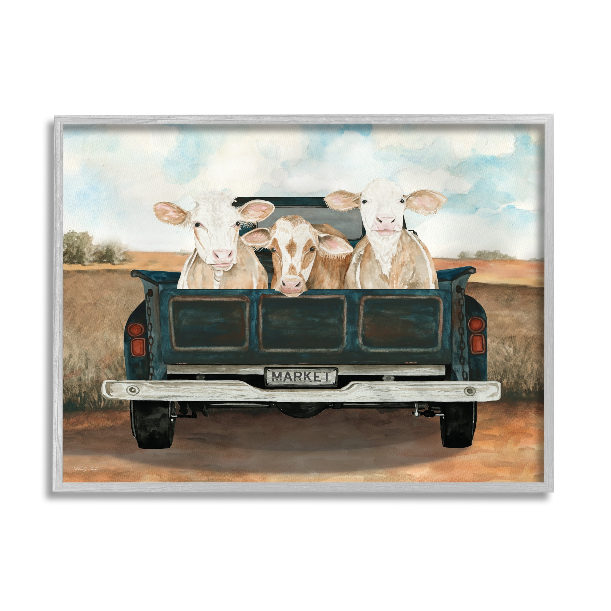 Stupell Industries Cows in Country Truck Animals & Insects Painting Gray Framed Art Print Wall Art, 20 x 16