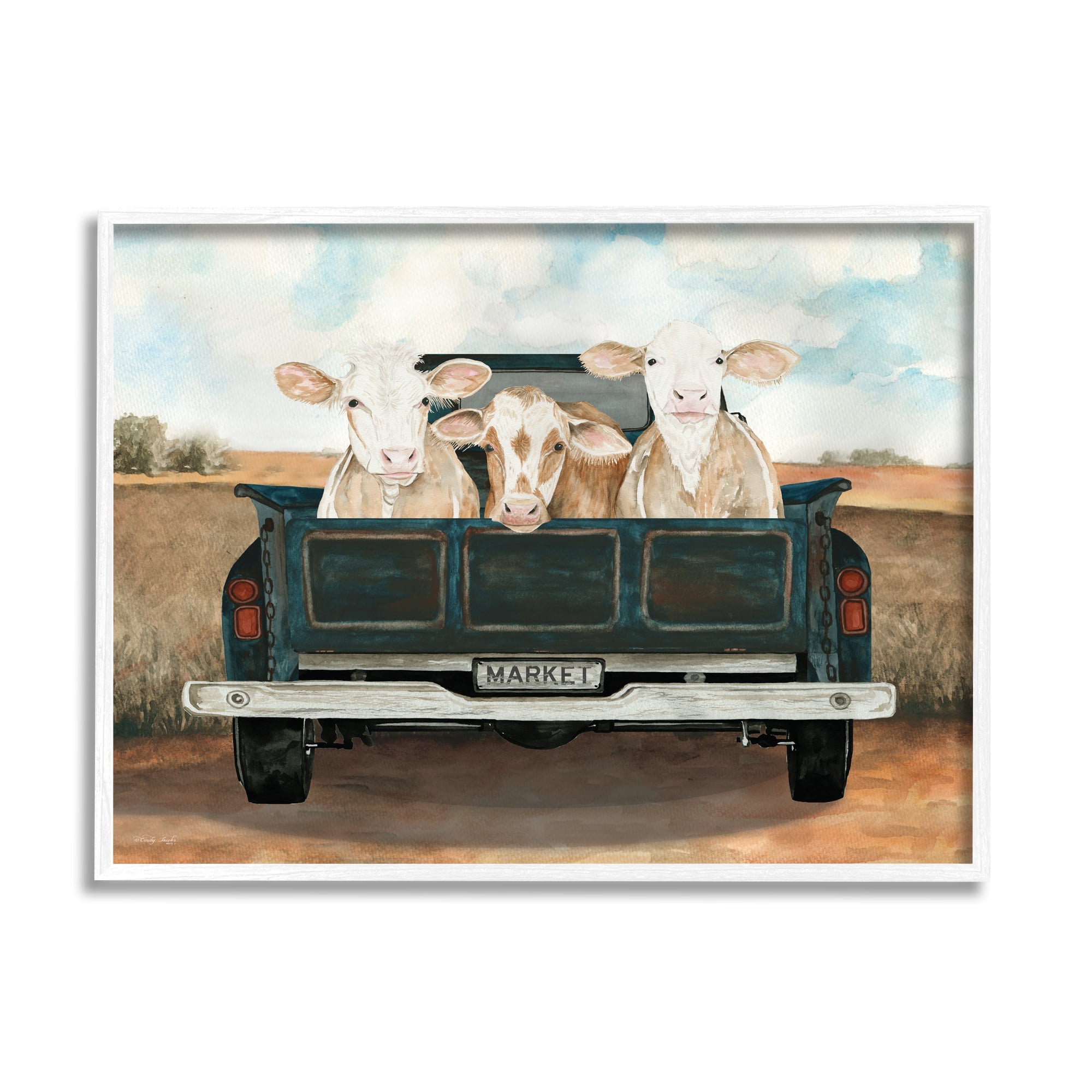 Stupell Industries Cows in Country Truck Animals & Insects Painting White Framed Art Print Wall Art, 20 x 16