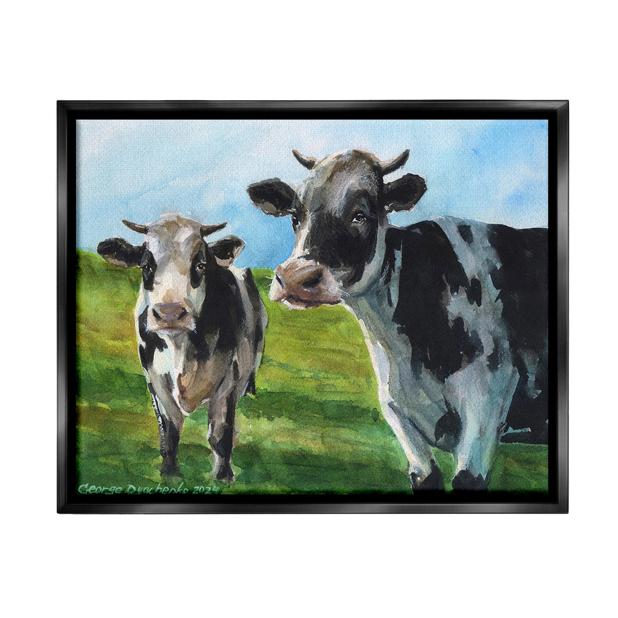 Stupell Industries Cows in Pasture Landscape Animals & Insects Painting Black Floater Framed Canvas Art Print Wall Art, 31 x 25