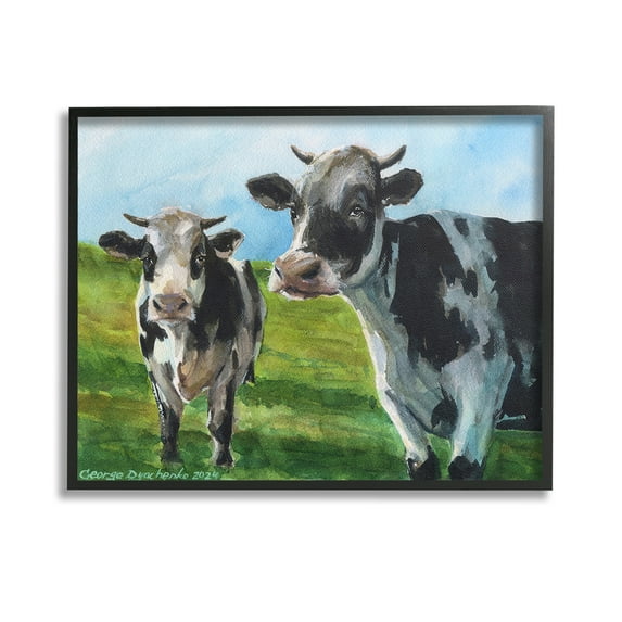 Stupell Industries Cows in Pasture Landscape Animals & Insects Painting Black Framed Art Print Wall Art, 14 x 11