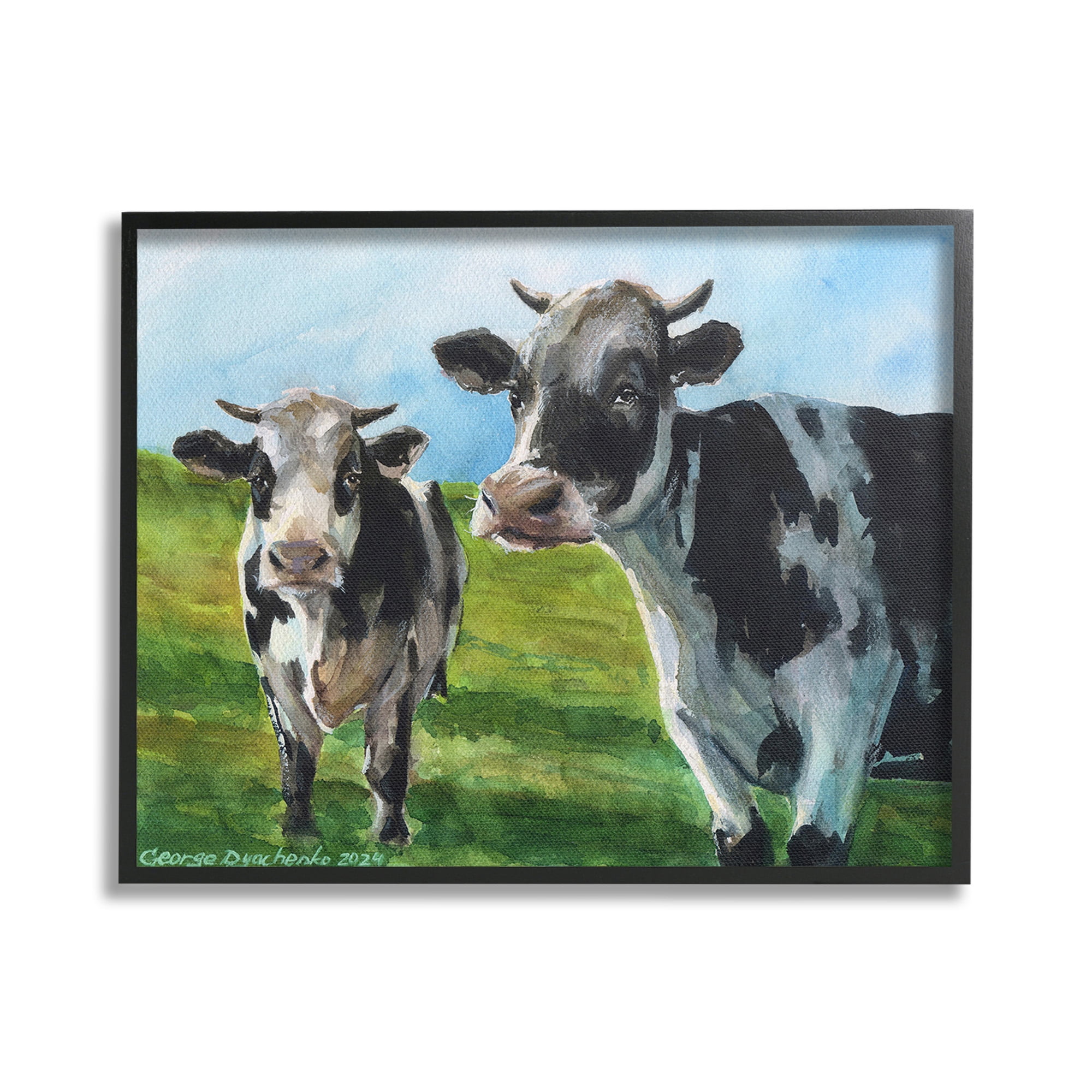 Stupell Industries Cows in Pasture Landscape Animals & Insects Painting Black Framed Art Print Wall Art, 30 x 24