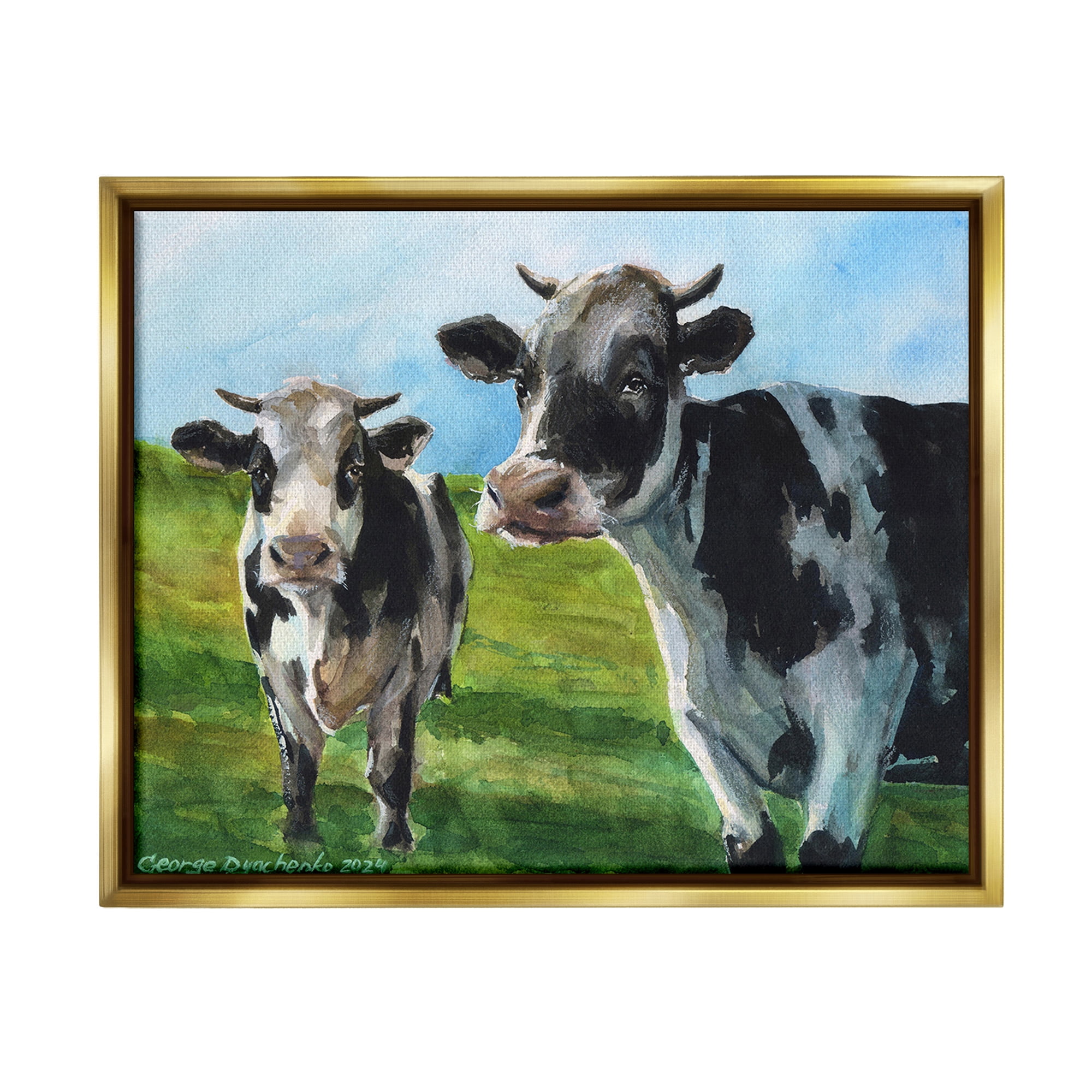 Stupell Industries Cows in Pasture Landscape Animals & Insects Painting Gold Floater Framed Canvas Art Print Wall Art, 21 x 17