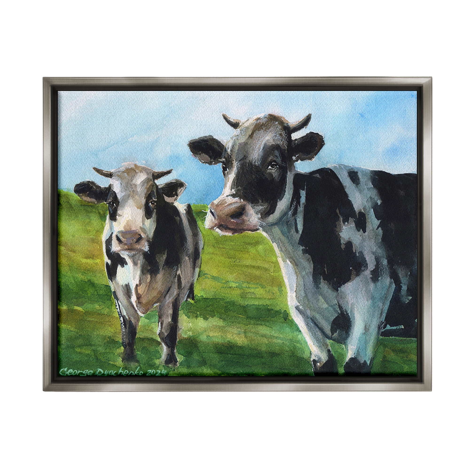 Stupell Industries Cows in Pasture Landscape Animals & Insects Painting Gray Floater Framed Canvas Art Print Wall Art, 31 x 25