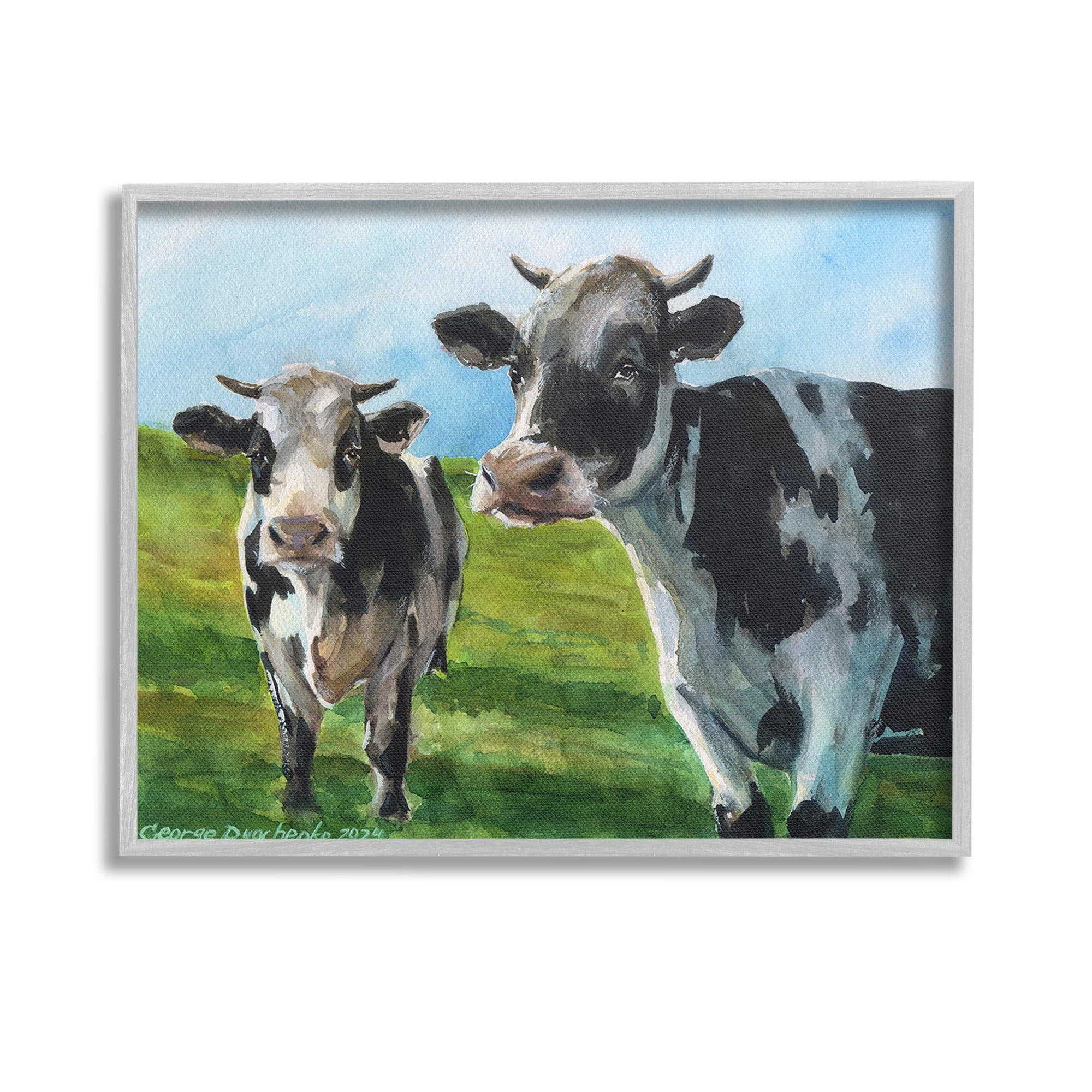 Stupell Industries Cows in Pasture Landscape Animals & Insects Painting Gray Framed Art Print Wall Art, 14 x 11