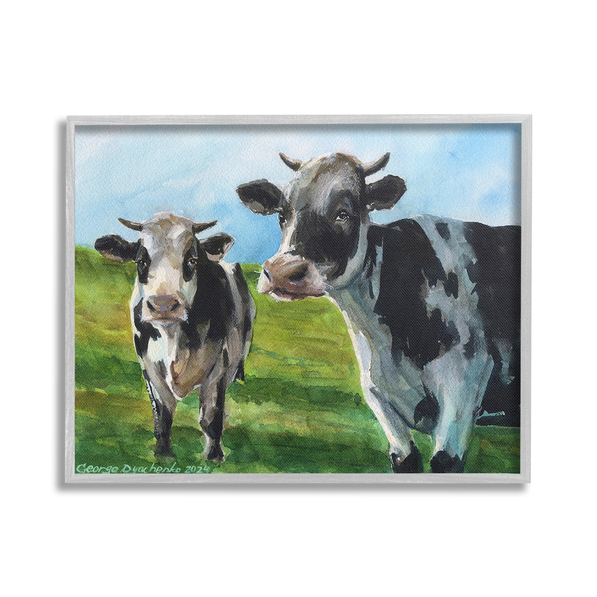 Stupell Industries Cows in Pasture Landscape Animals & Insects Painting Gray Framed Art Print Wall Art, 20 x 16