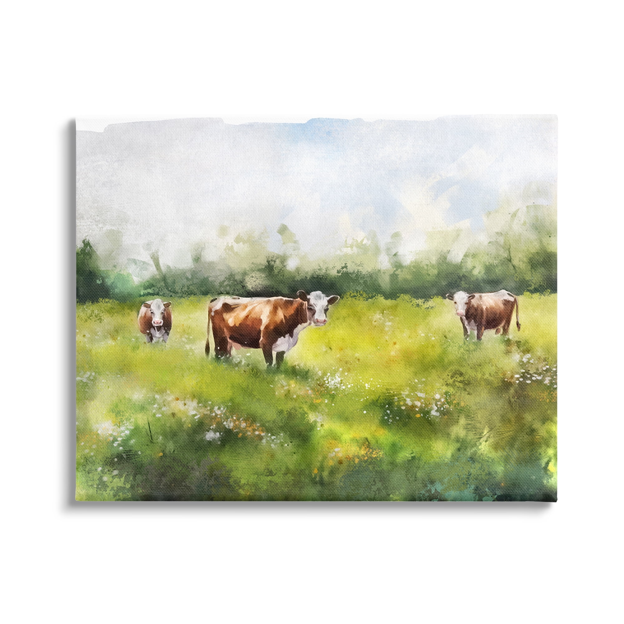 Stupell Industries Cows in Pasture Watercolor Animals & Insects Painting Gallery Wrapped Canvas Art Print Wall Art, 20 x 16