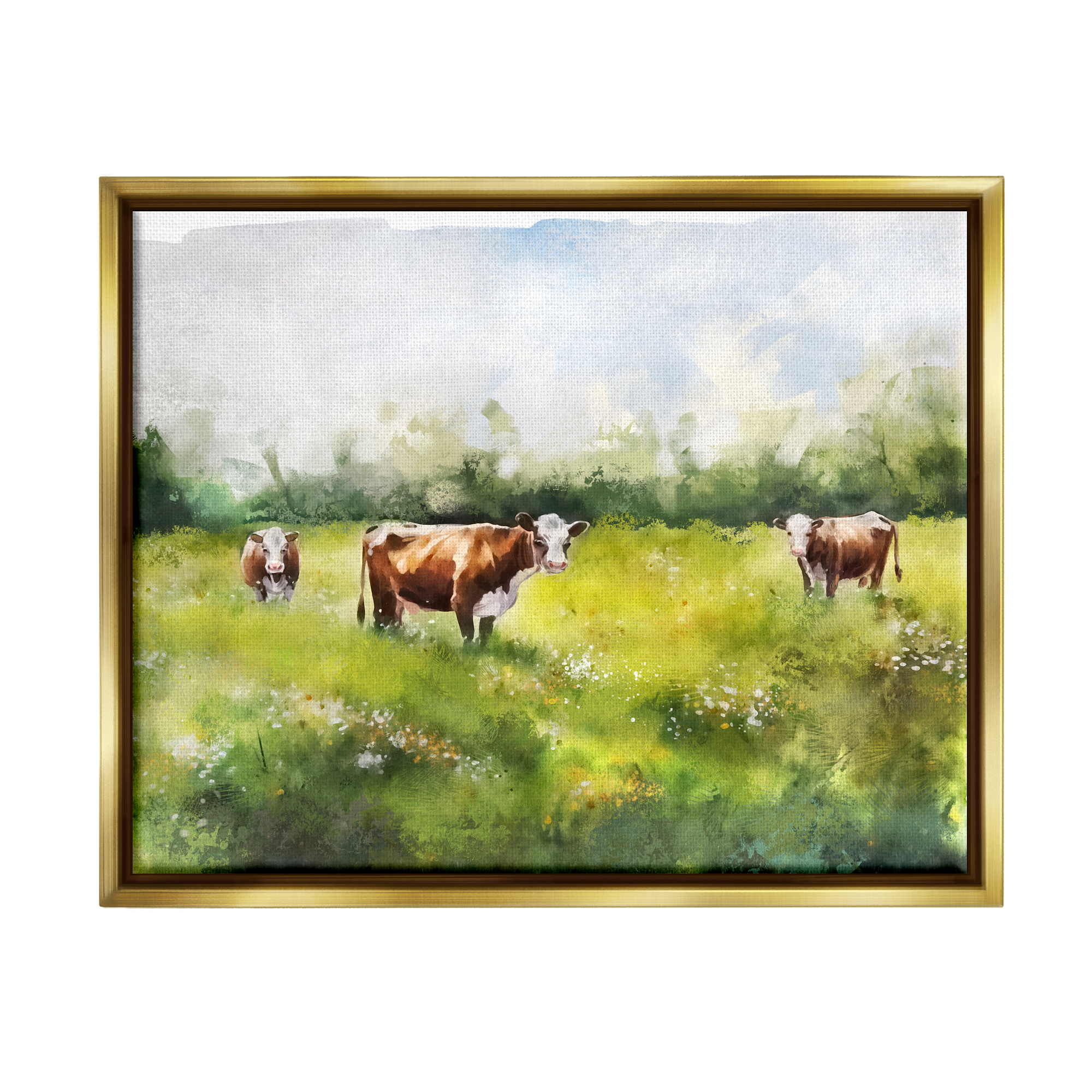 Stupell Industries Cows in Pasture Watercolor Animals & Insects Painting Gold Floater Framed Canvas Art Print Wall Art, 31 x 25
