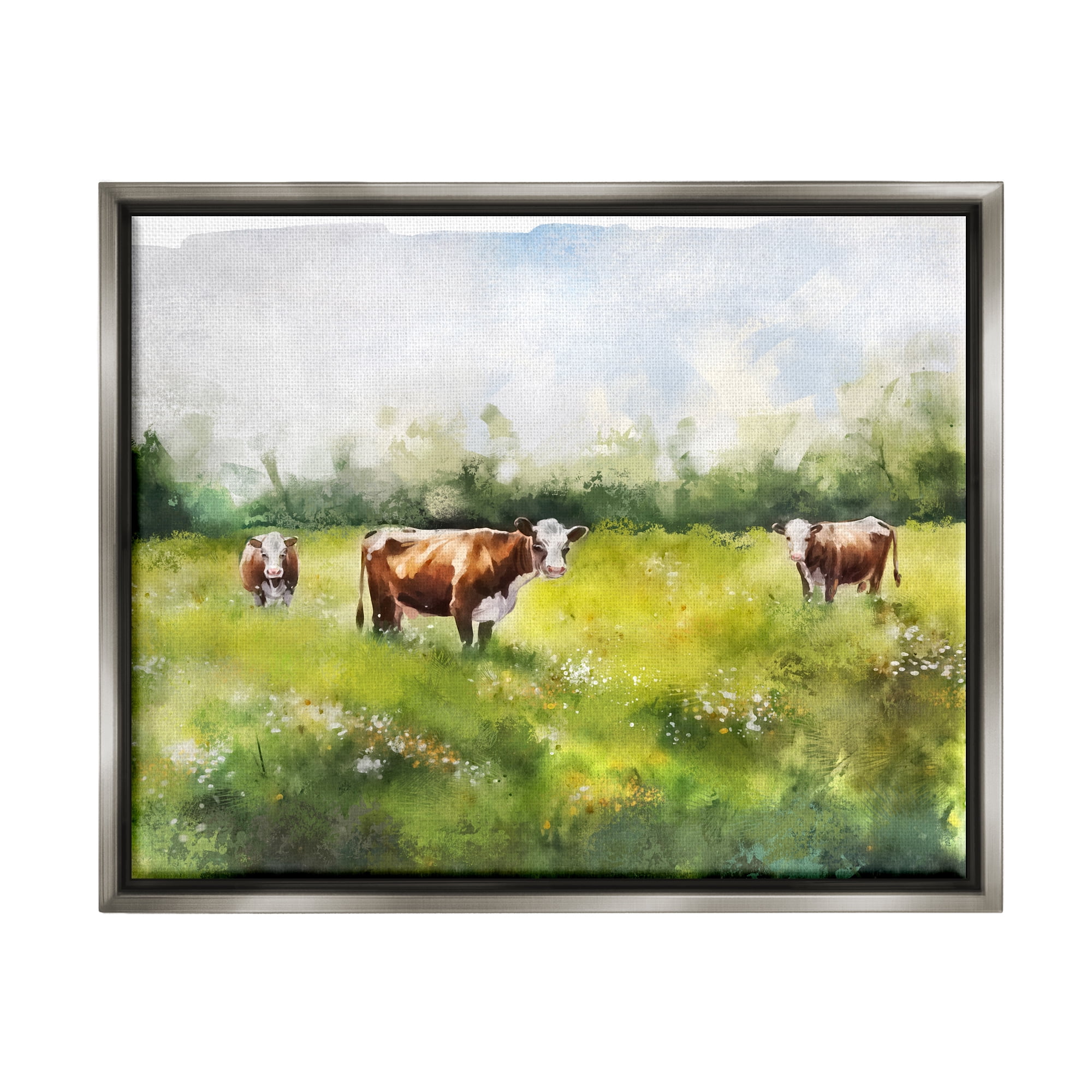 Stupell Industries Cows in Pasture Watercolor Animals & Insects Painting Gray Floater Framed Canvas Art Print Wall Art, 21 x 17