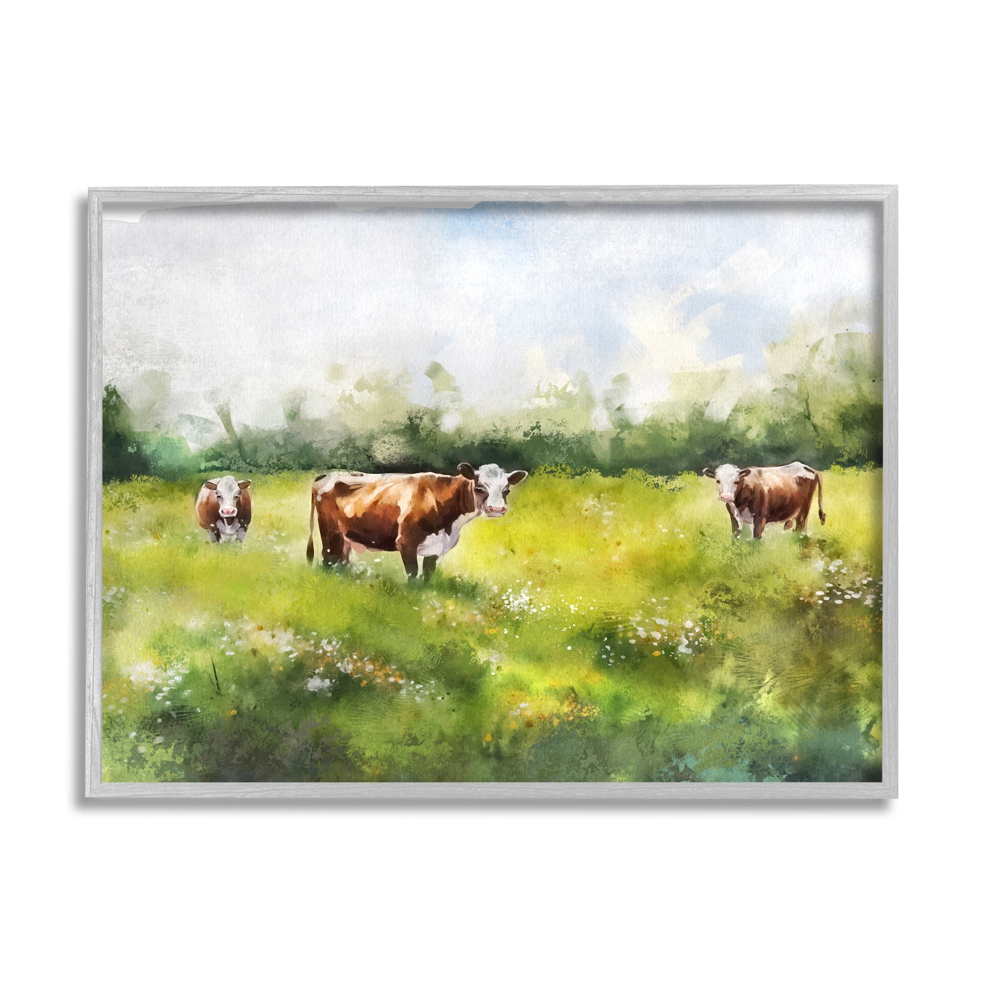 Stupell Industries Cows in Pasture Watercolor Animals & Insects Painting Gray Framed Art Print Wall Art, 30 x 24