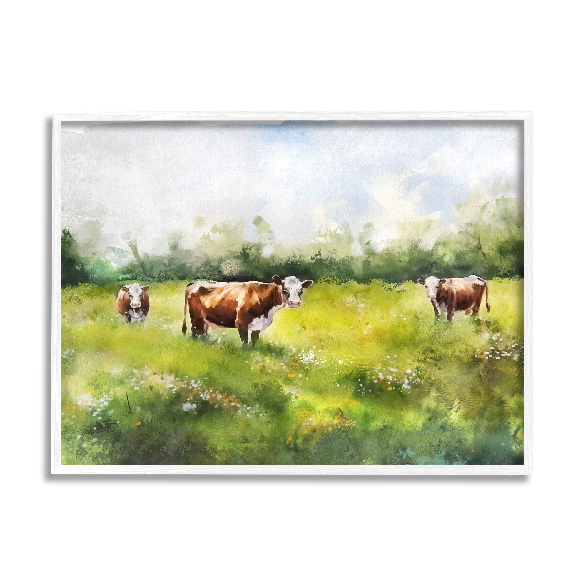 Stupell Industries Cows in Pasture Watercolor Animals & Insects Painting White Framed Art Print Wall Art, 14 x 11