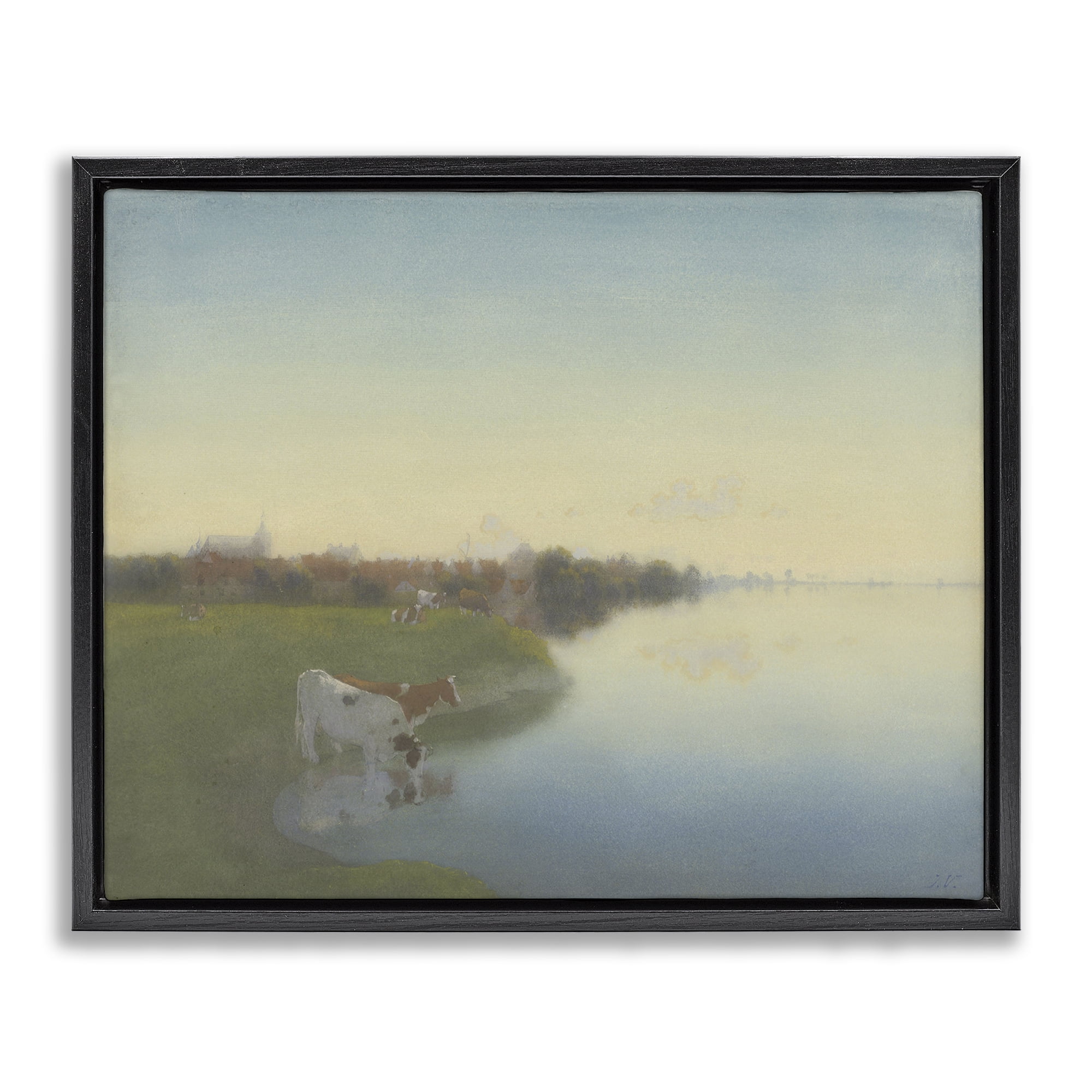 Stupell Industries Cows in Serene Shore Landscape & Nature Painting Black Floater Framed Canvas Art Print Wall Art, 31 x 25