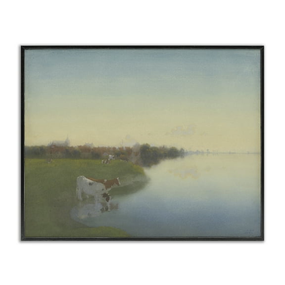 Stupell Industries Cows in Serene Shore Landscape & Nature Painting Black Framed Art Print Wall Art, 14 x 11