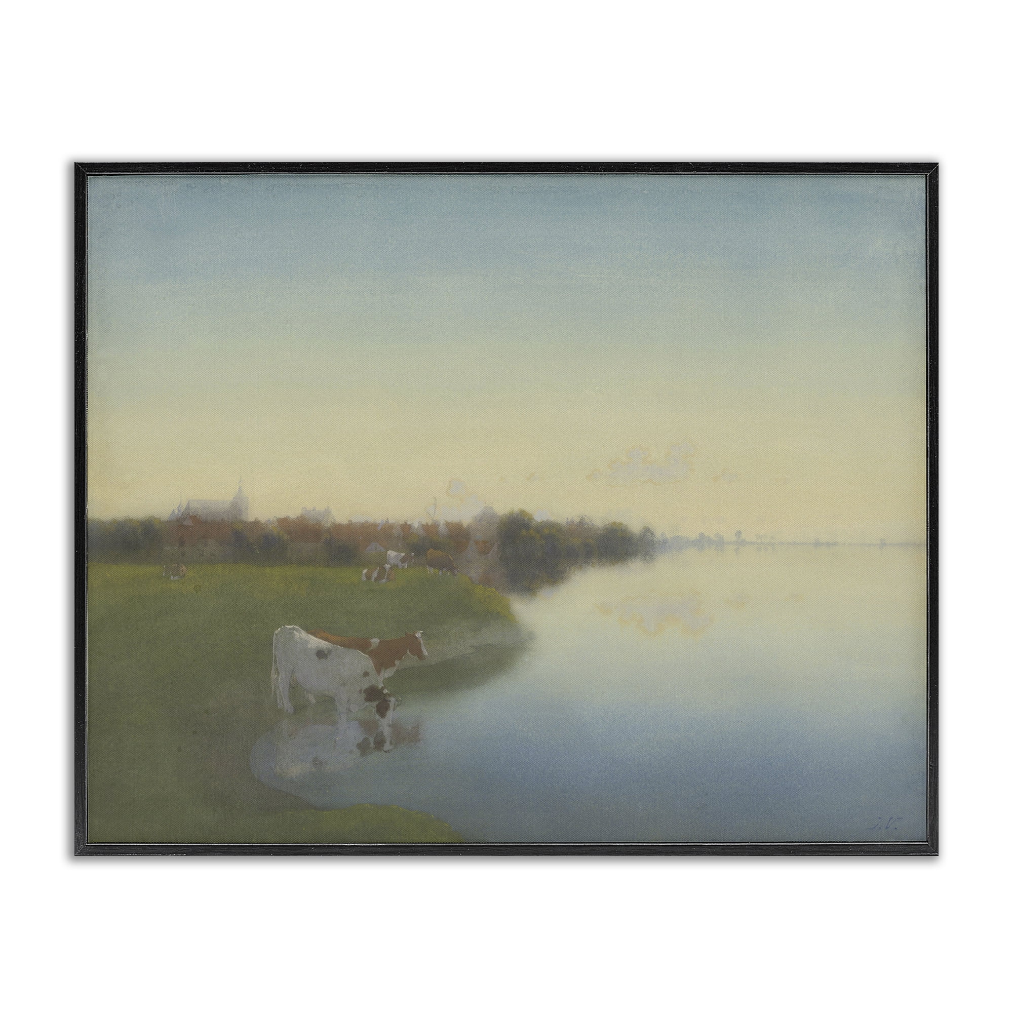 Stupell Industries Cows in Serene Shore Landscape & Nature Painting Black Framed Art Print Wall Art, 30 x 24