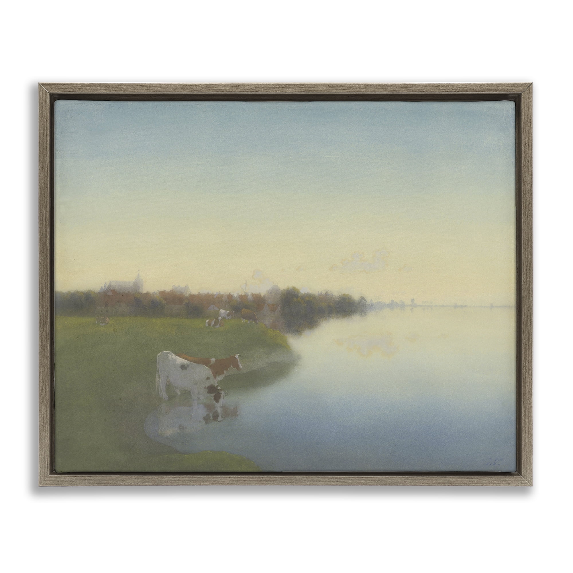 Stupell Industries Cows in Serene Shore Landscape & Nature Painting Brown Floater Framed Canvas Art Print Wall Art, 31 x 25