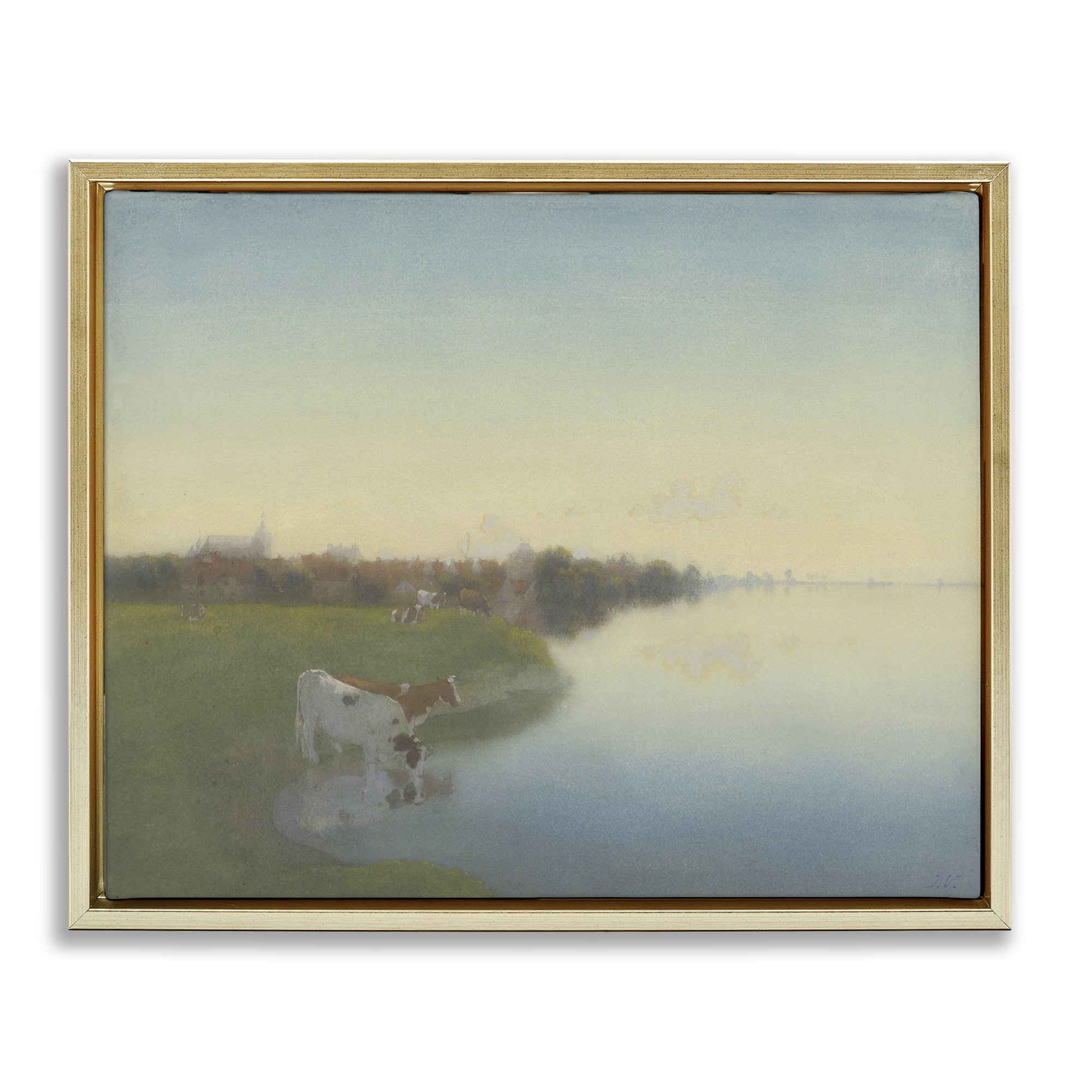 Stupell Industries Cows in Serene Shore Landscape & Nature Painting Gold Floater Framed Canvas Art Print Wall Art, 31 x 25
