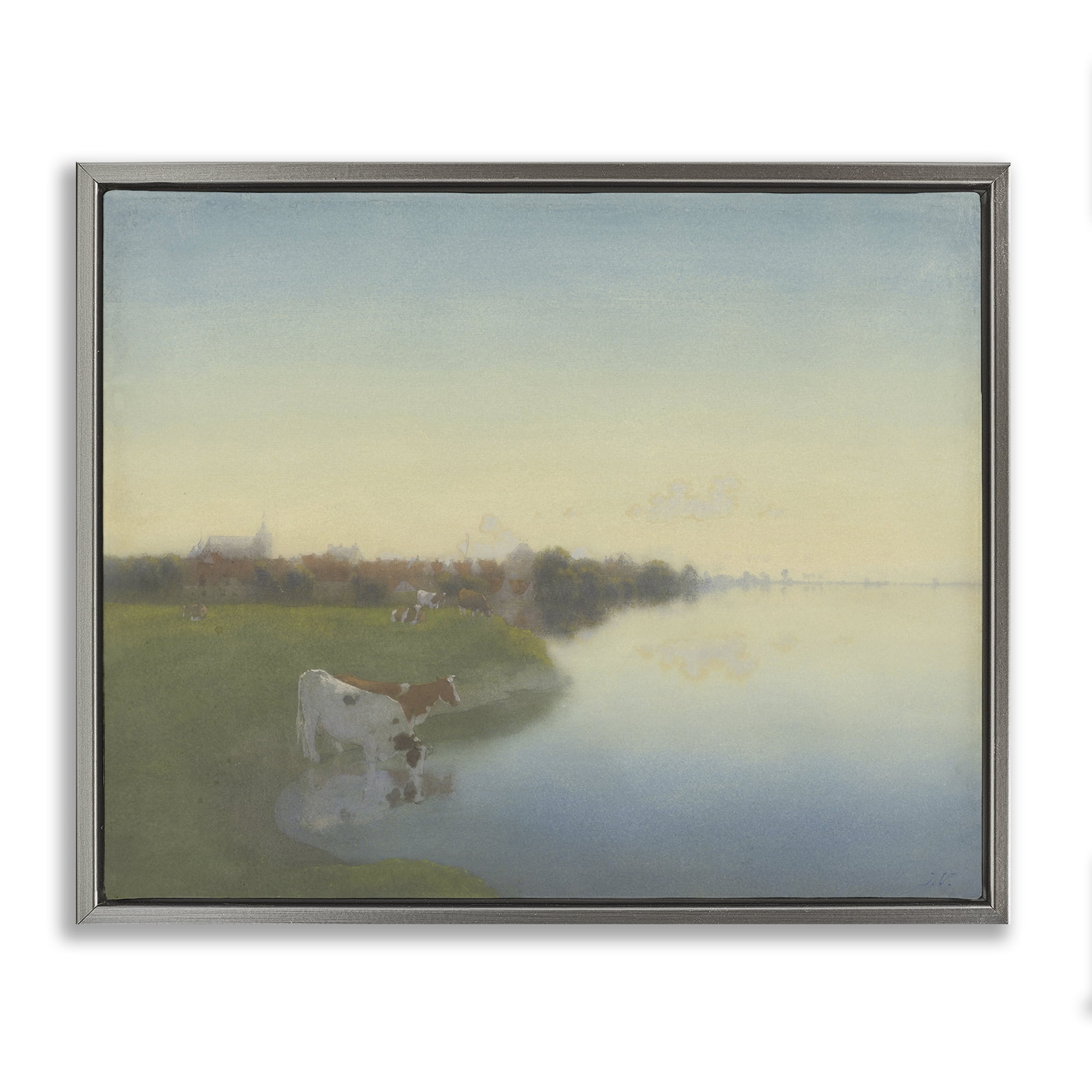 Stupell Industries Cows in Serene Shore Landscape & Nature Painting Gray Floater Framed Canvas Art Print Wall Art, 31 x 25