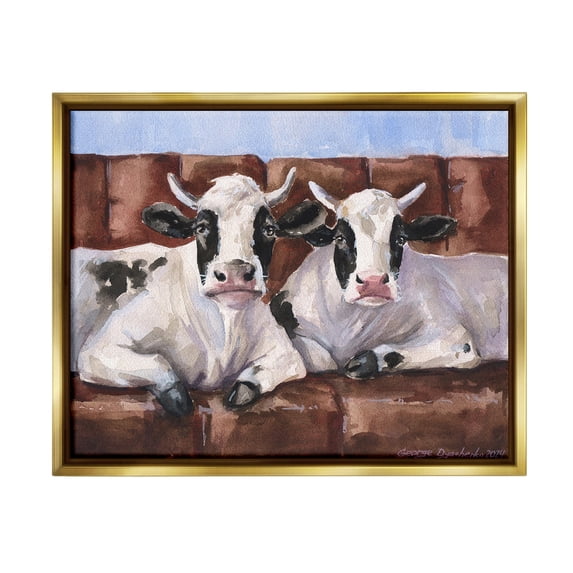 Stupell Industries Cows on Farmhouse Couch Animals & Insects Painting Gold Floater Framed Canvas Art Print Wall Art, 31 x 25