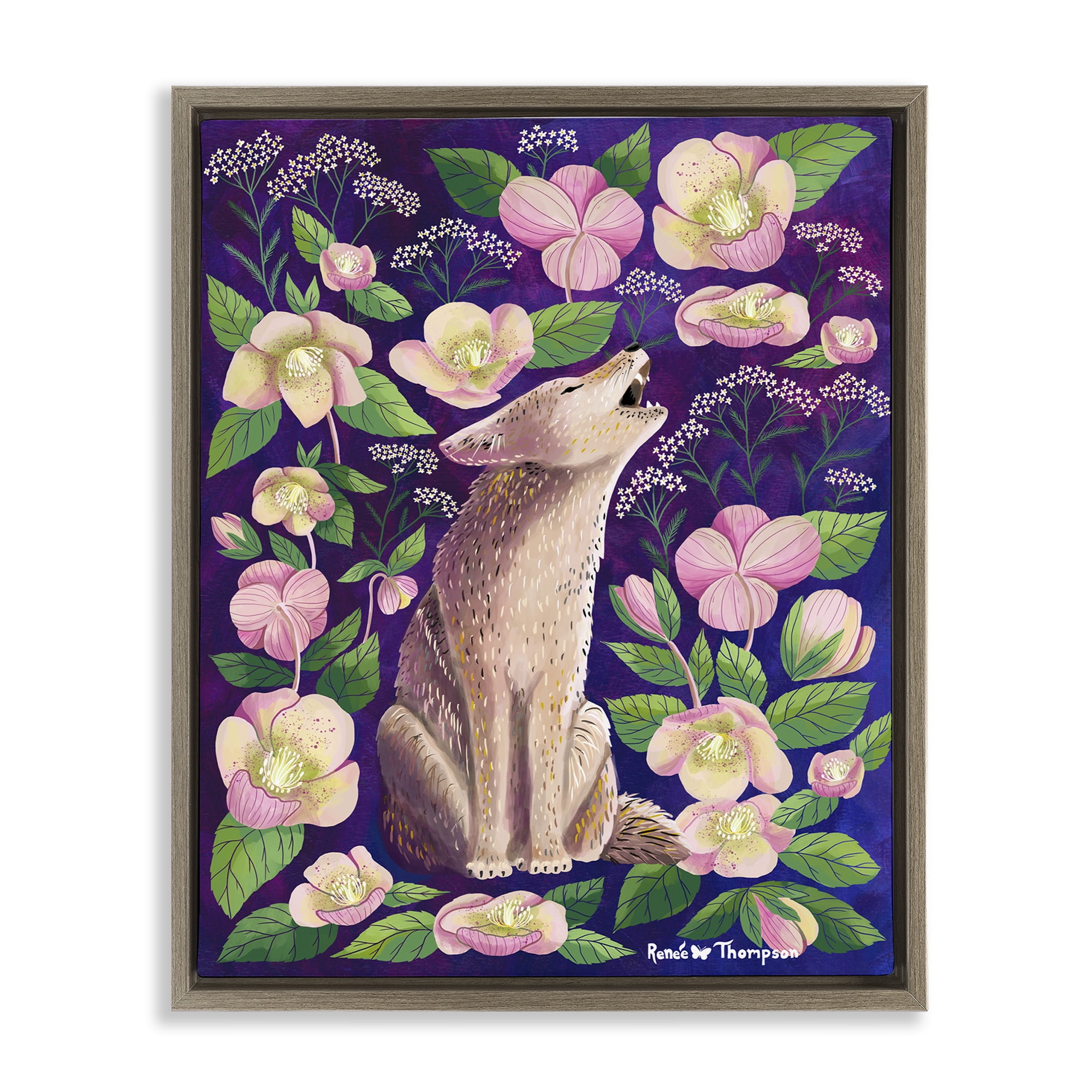Stupell Industries Coyote & Pink Florals Animals Painting Brown Floater Framed Canvas Art Print Wall Art, 25 x 31