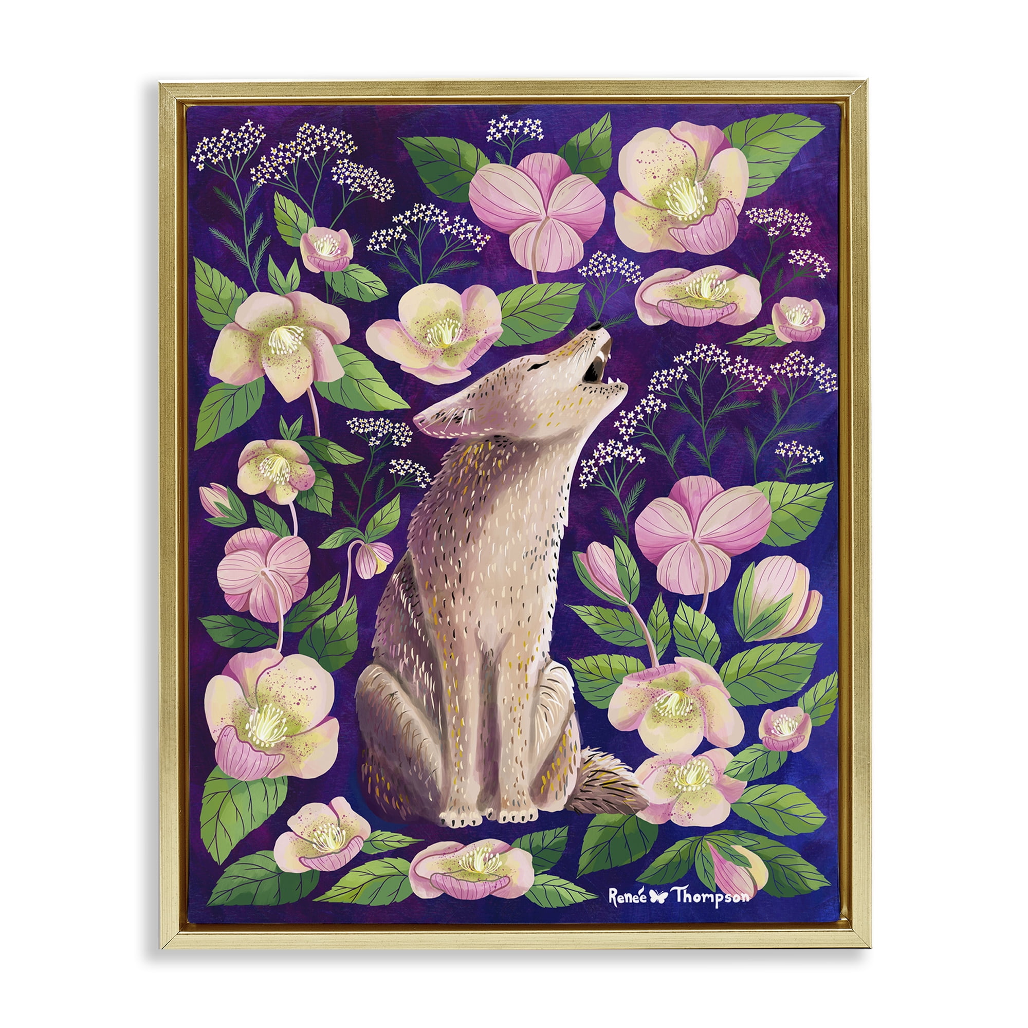 Stupell Industries Coyote & Pink Florals Animals Painting Gold Floater Framed Canvas Art Print Wall Art, 17 x 21