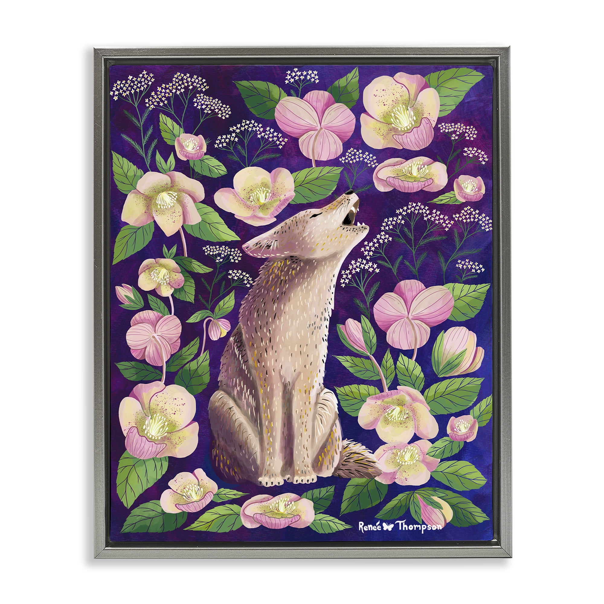 Stupell Industries Coyote & Pink Florals Animals Painting Gray Floater Framed Canvas Art Print Wall Art, 25 x 31