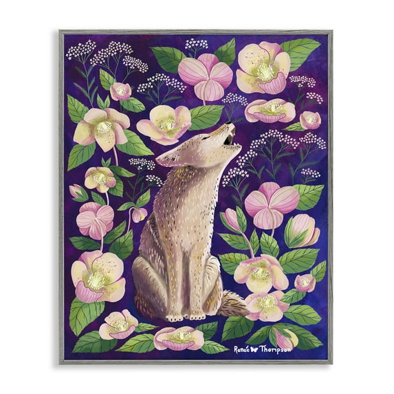 Stupell Industries Coyote & Pink Florals Animals Painting Gray Framed Art Print Wall Art, 11 x 14
