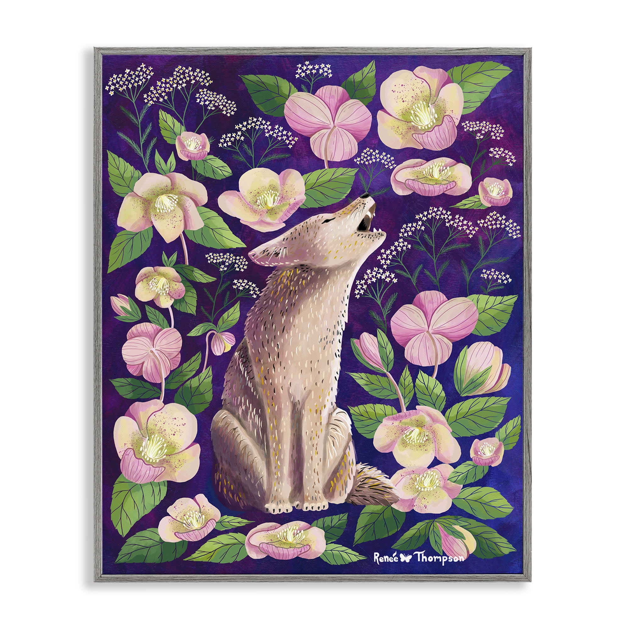 Stupell Industries Coyote & Pink Florals Animals Painting Gray Framed Art Print Wall Art, 16 x 20