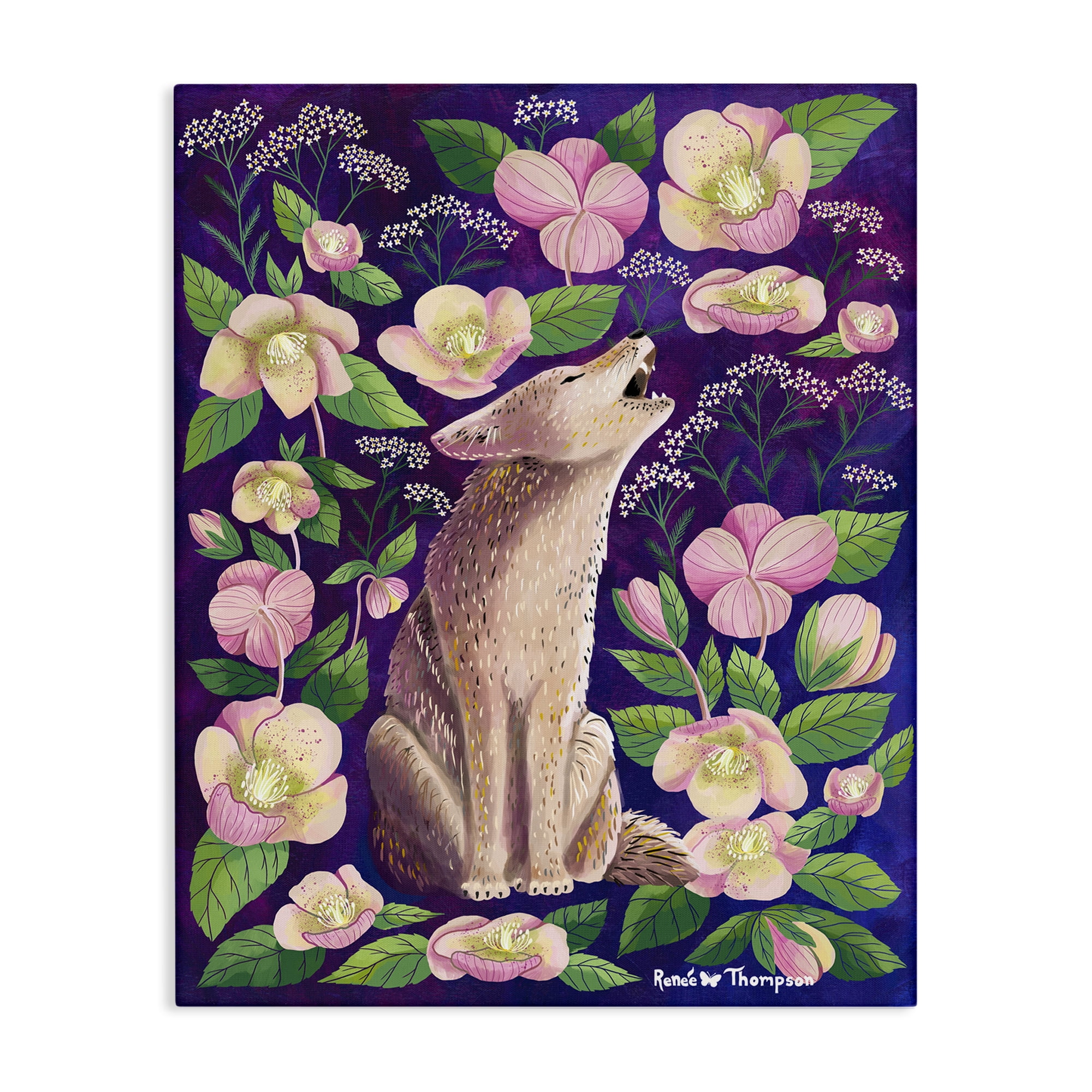Stupell Industries Coyote & Pink Florals Animals Painting Wrapped Canvas Art Print Wall Art, 16 x 20