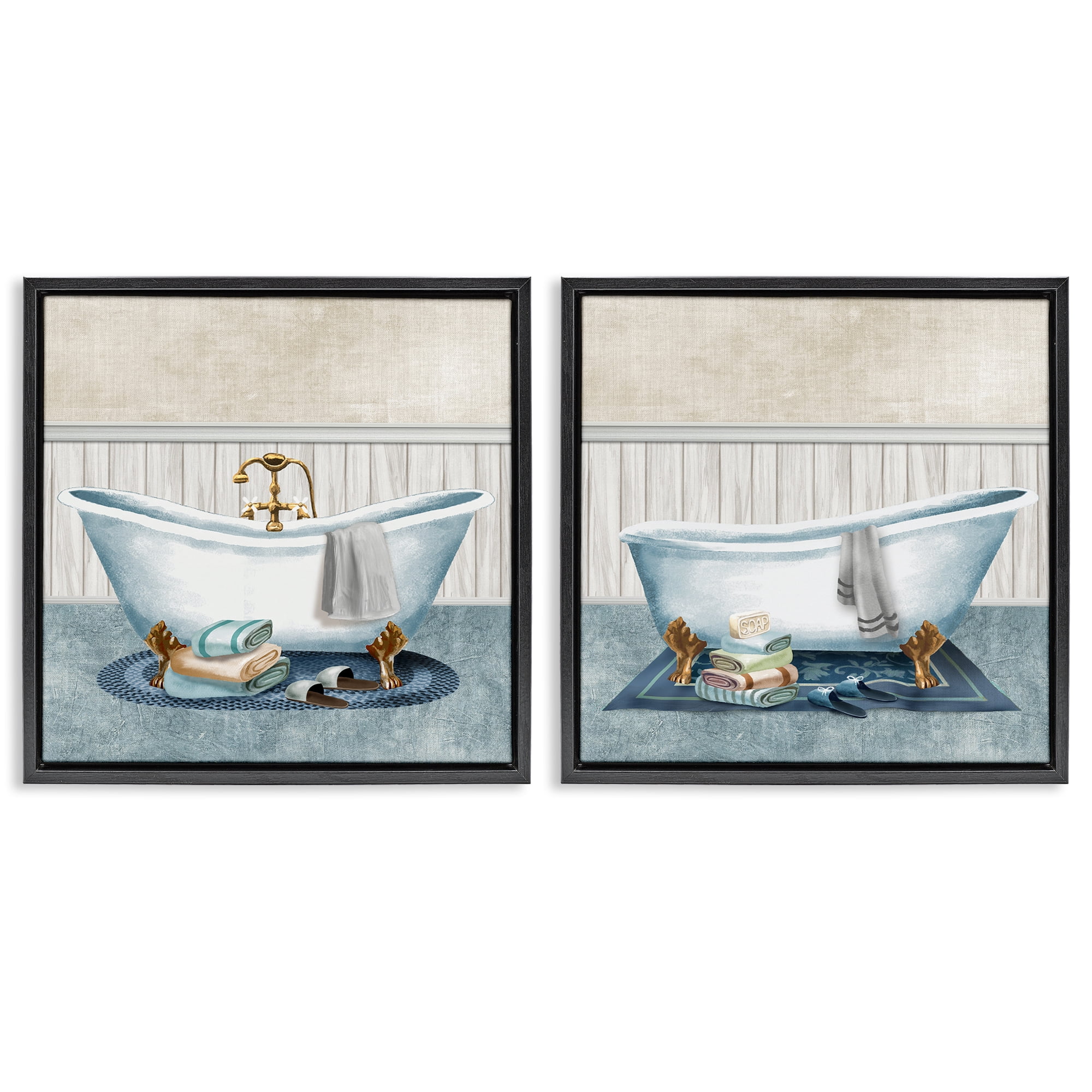 Stupell Industries Cozy Bathtub & Slippers 2 Piece Black Framed Floater Canvas Set, design by Conrad Knutsen