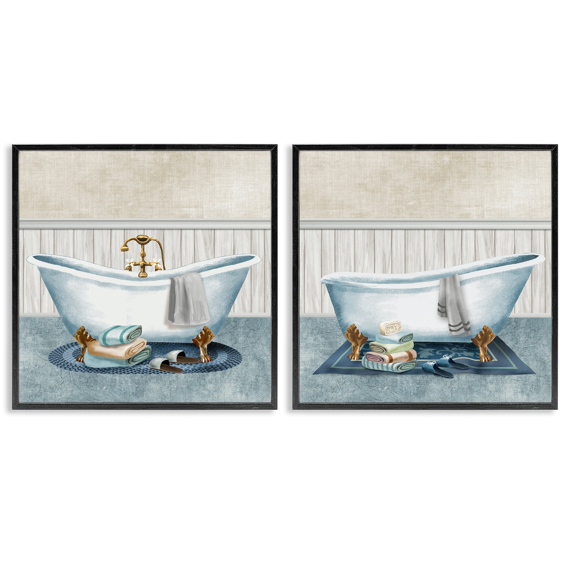 Stupell Industries Cozy Bathtub & Slippers 2 Piece Black Framed Giclee Art Set, design by Conrad Knutsen